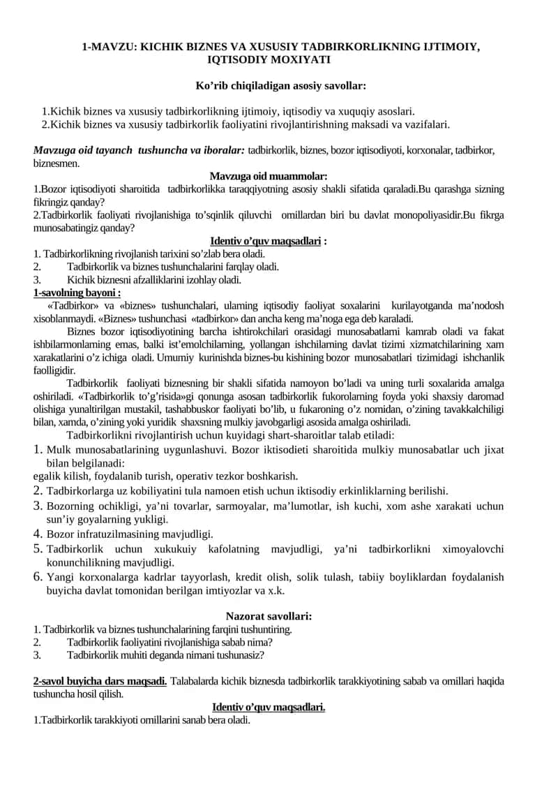 Kichik biznes va xususiy tadbirkorlikning ijtimoiy, iqtisodiy moxiyati