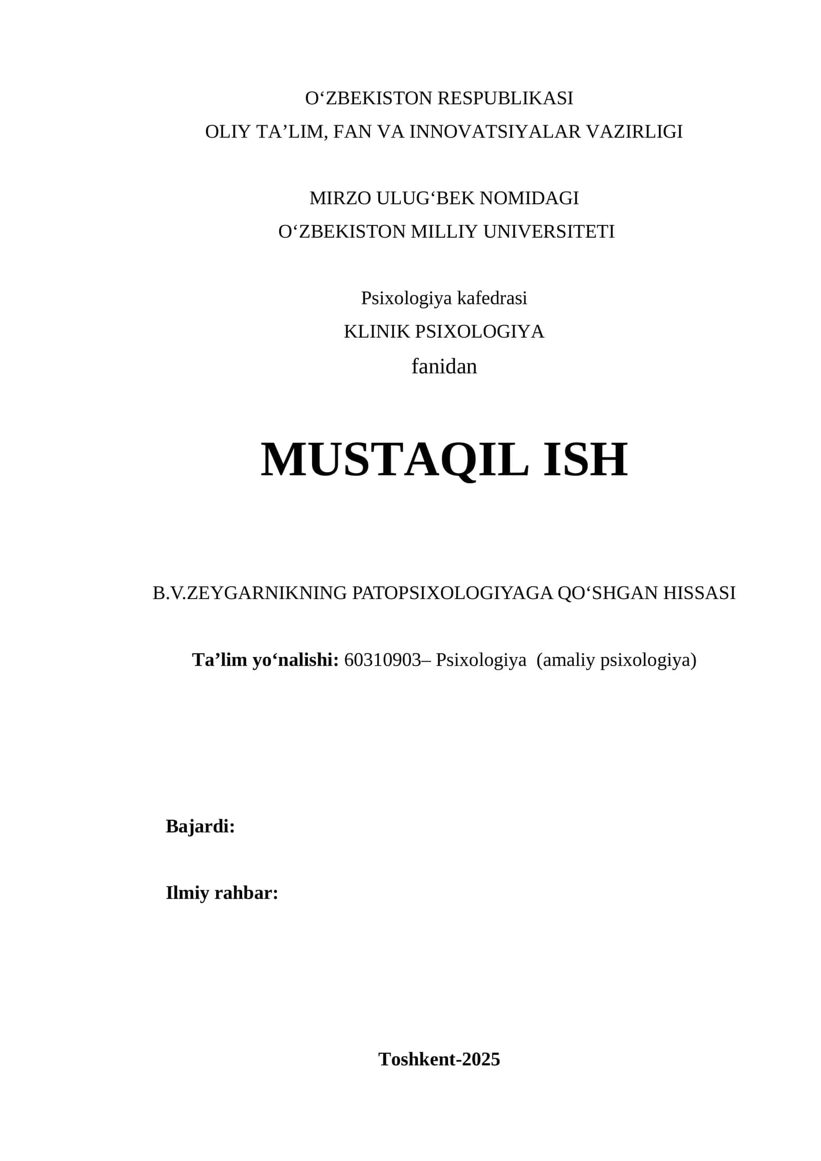 KLINIK PSIXOLOGIYA fanidan MUSTAQIL ISH