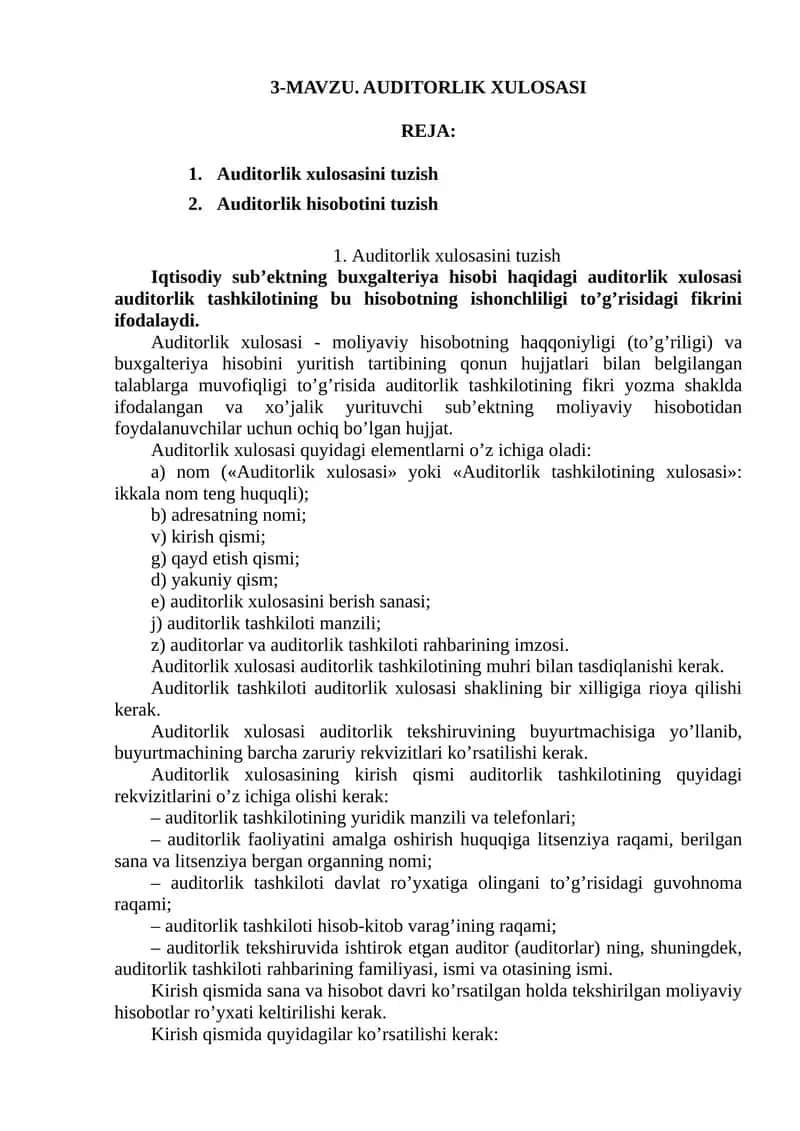 MAVZU. AUDITORLIK XULOSASI