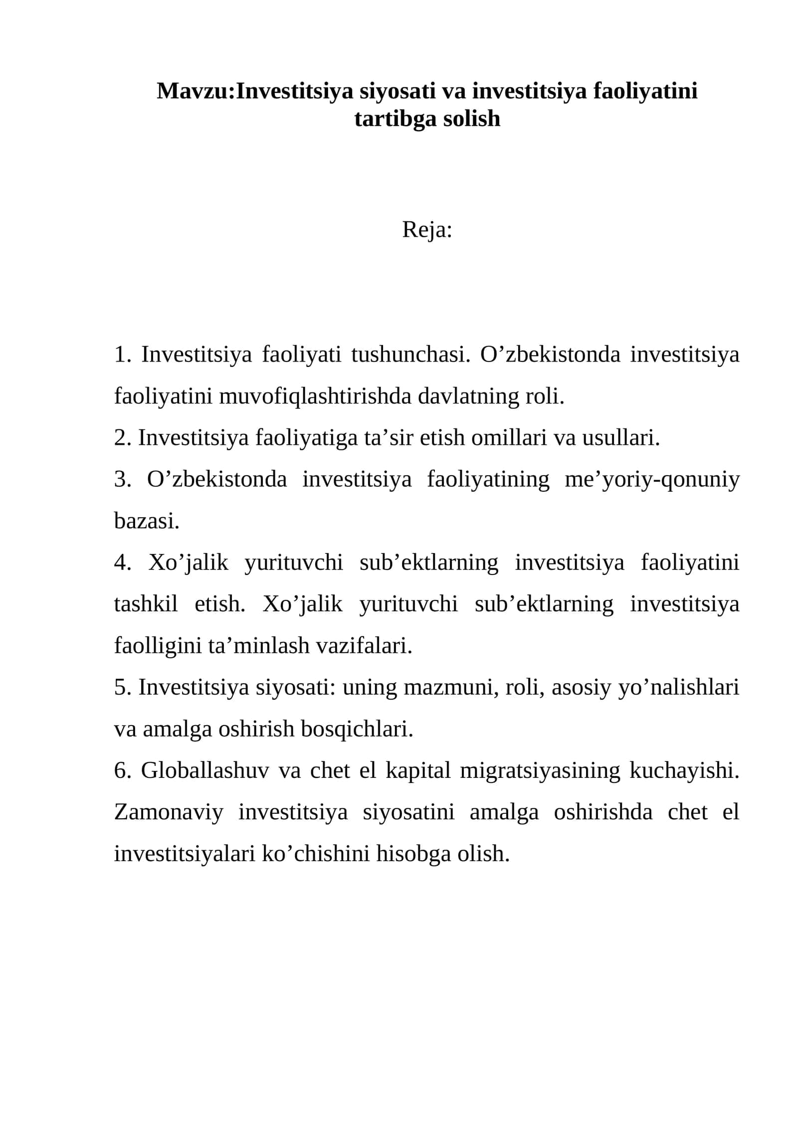 Investitsiya siyosati va investitsiya faoliyatini tartibga solish