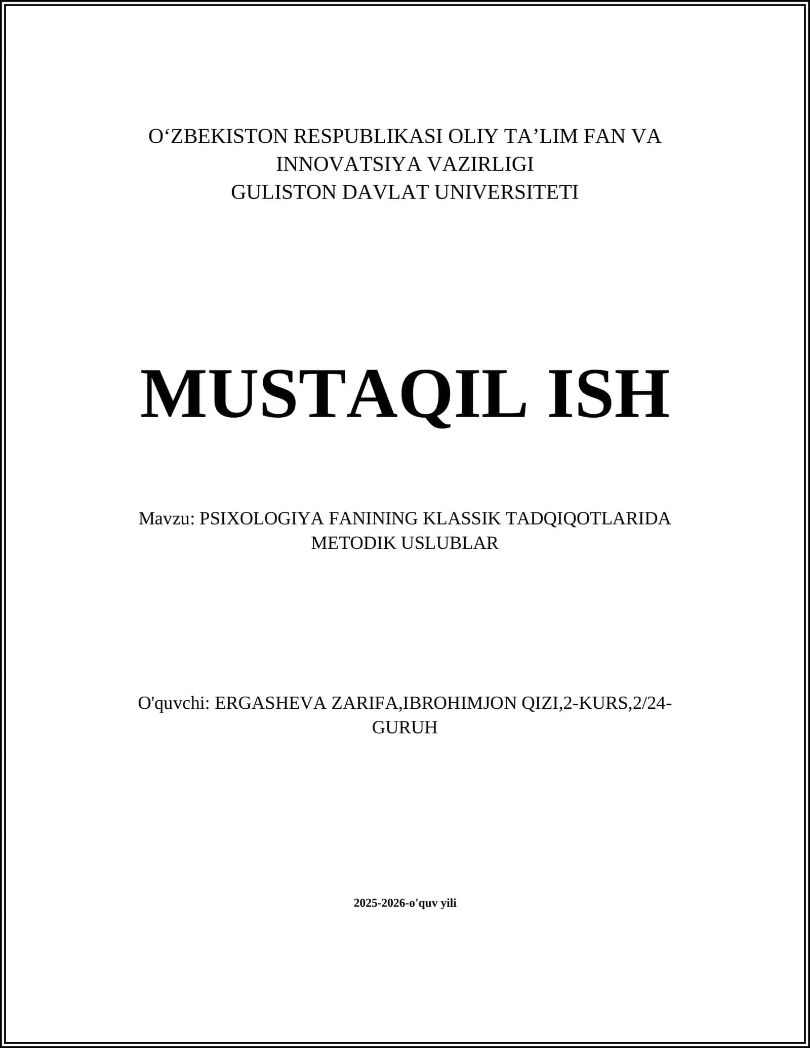 PSIXOLOGIYA FANINING KLASSIK TADQIQOTLARIDA METODIK USLUBLAR