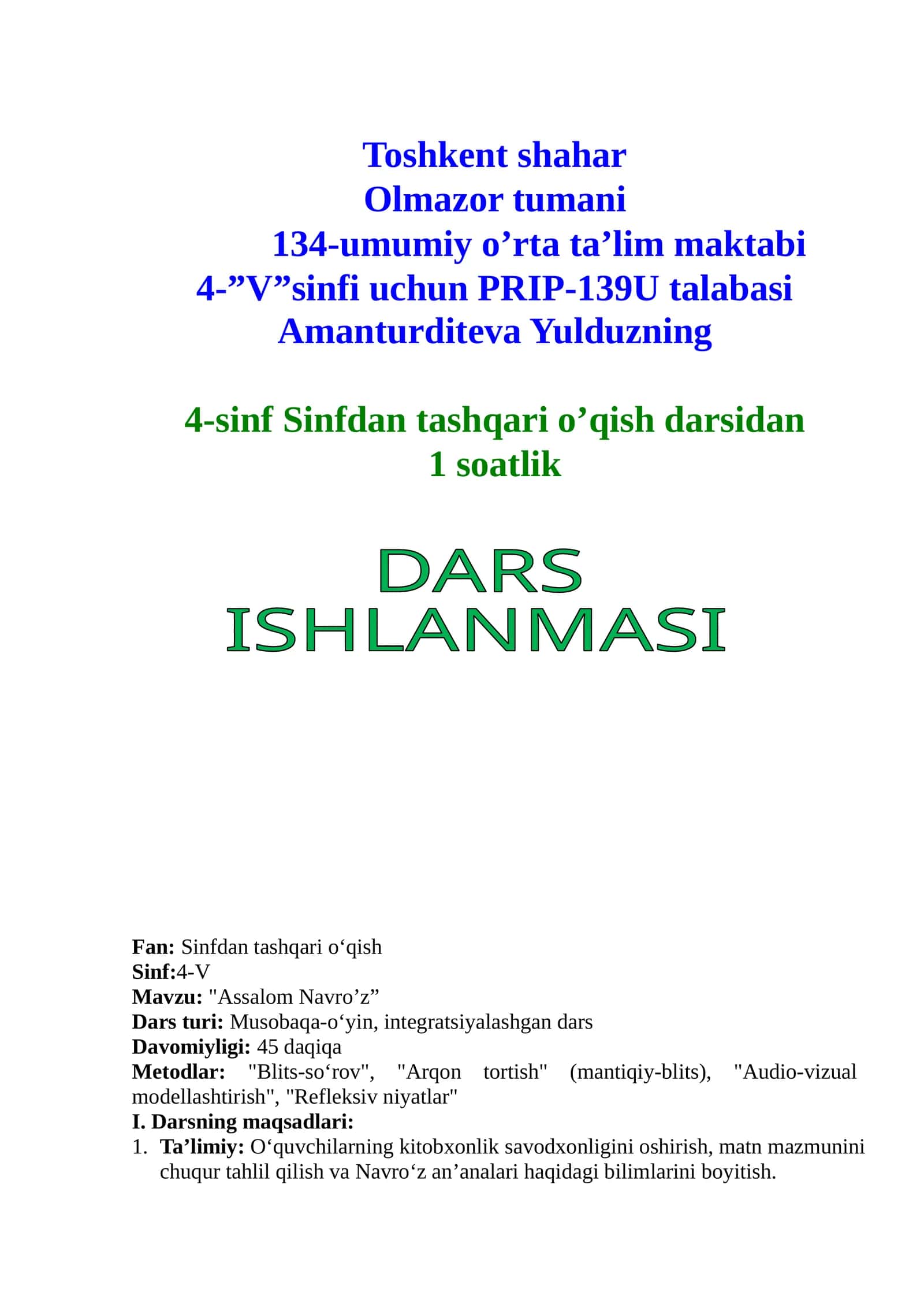 Amanturditeva Yulduzning 4-sinf Sinfdan tashqari o’qish darsidan