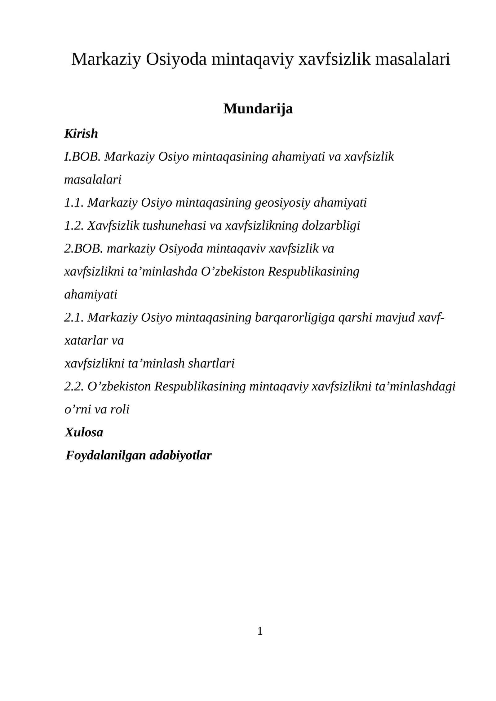 Markaziy Osiyoda mintaqaviy xavfsizlik masalalari