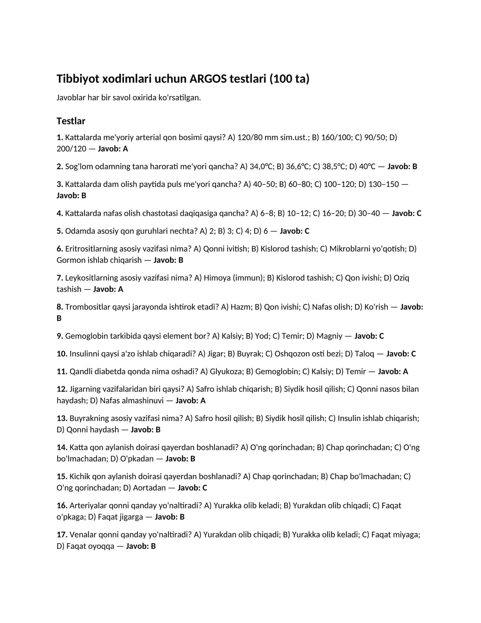 Tibbiyot xodimlari uchun ARGOS testlari (100 ta)