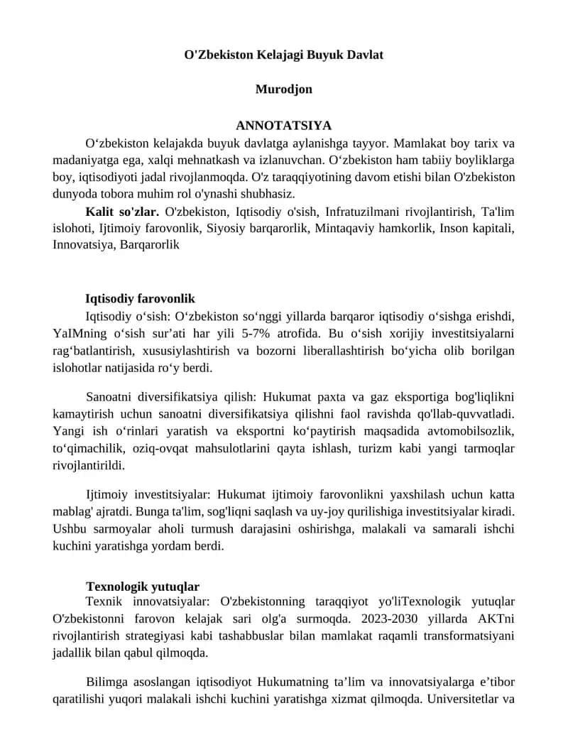 O'Zbekiston Kelajagi Buyuk Davlat