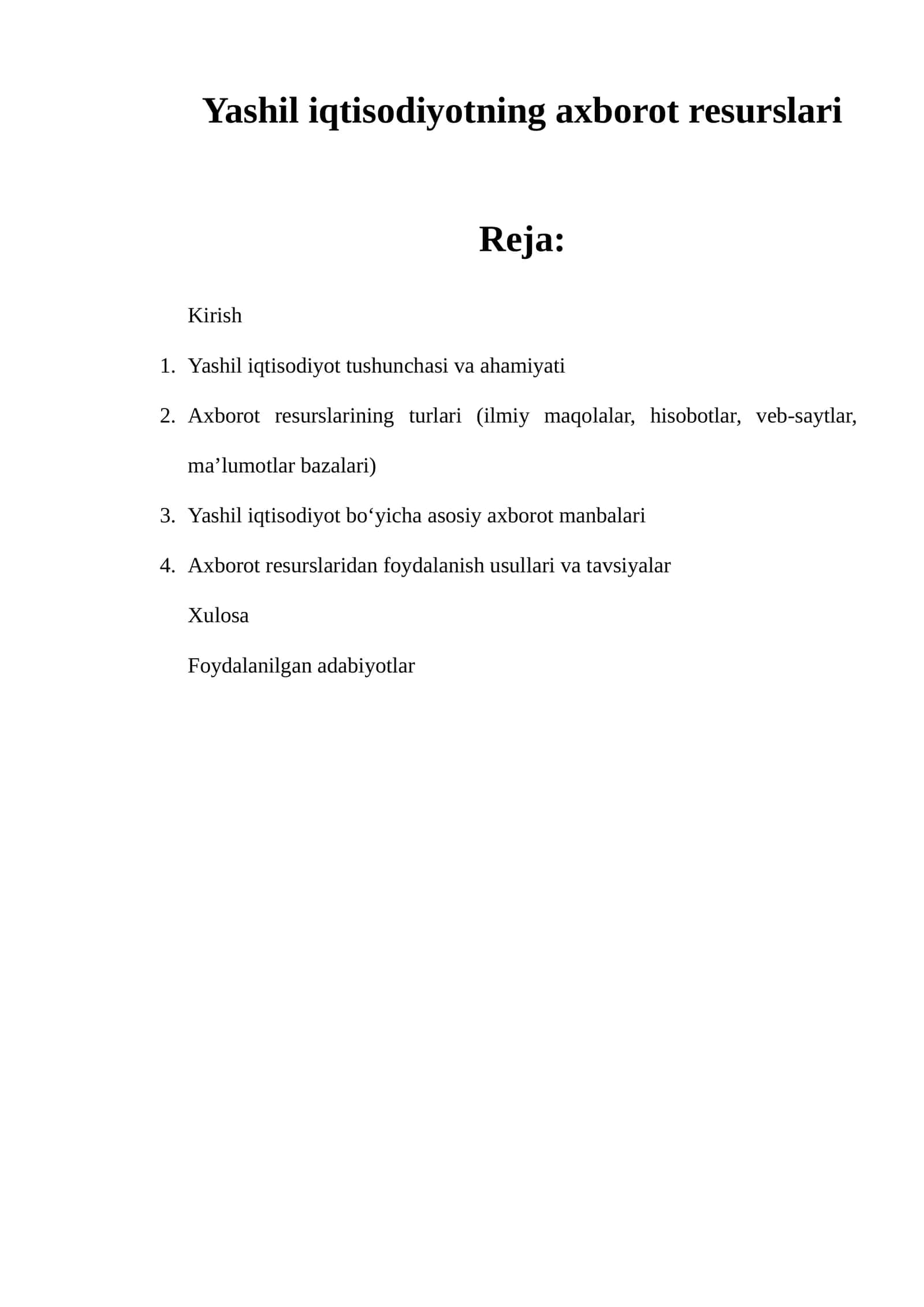 Yashil iqtisodiyotning axborot resurslari
