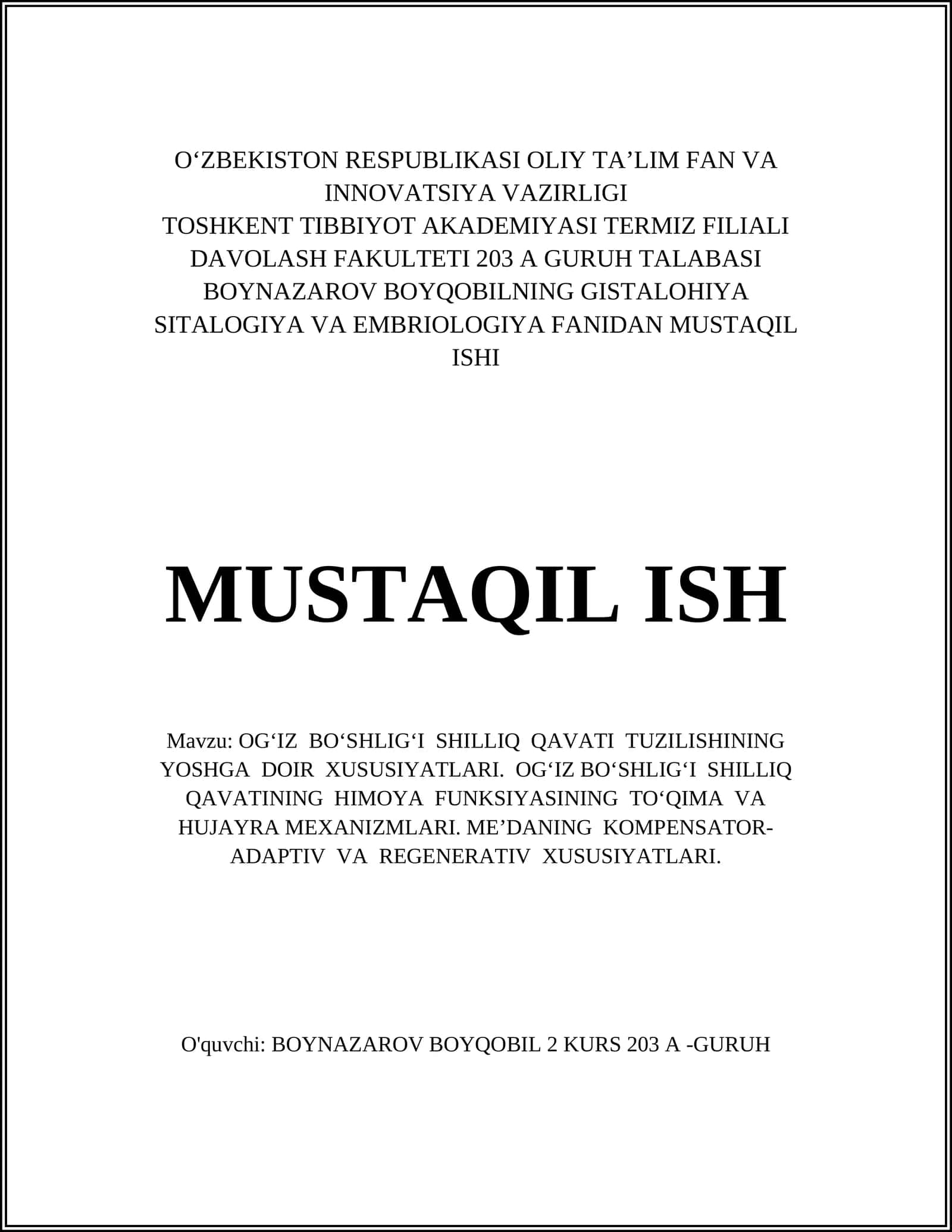 OGʻIZ BOʻSHLIGʻI SHILLIQ QAVATI TUZILISHINING YOSHGA DOIR XUSUSIYATLARI