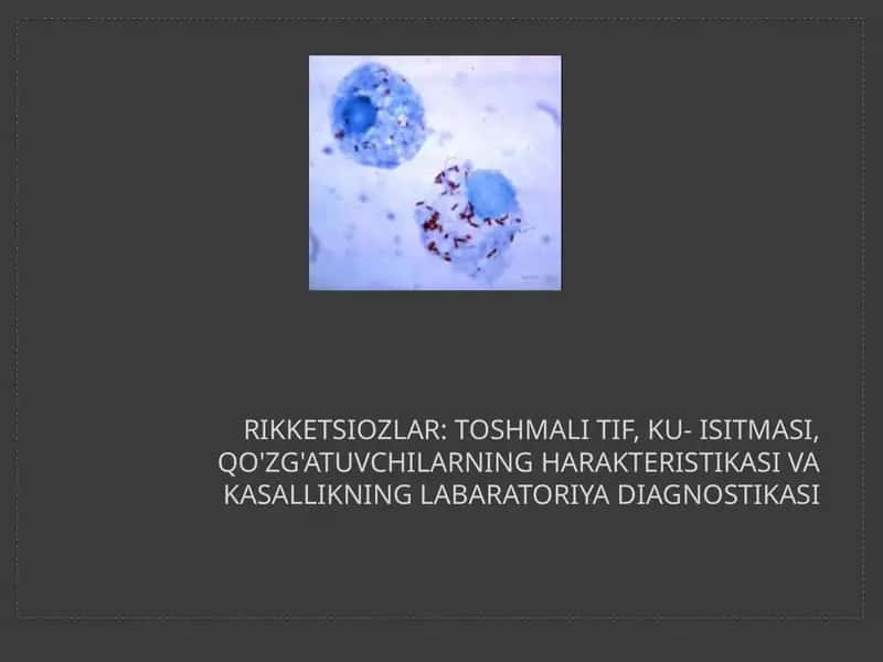 RIKKETSIOZLAR: toshmali tif, Ku- isitmasi, qo'zg'atuvchilarning harakteristikasi va kasallikning labaratoriya diagnostikasi