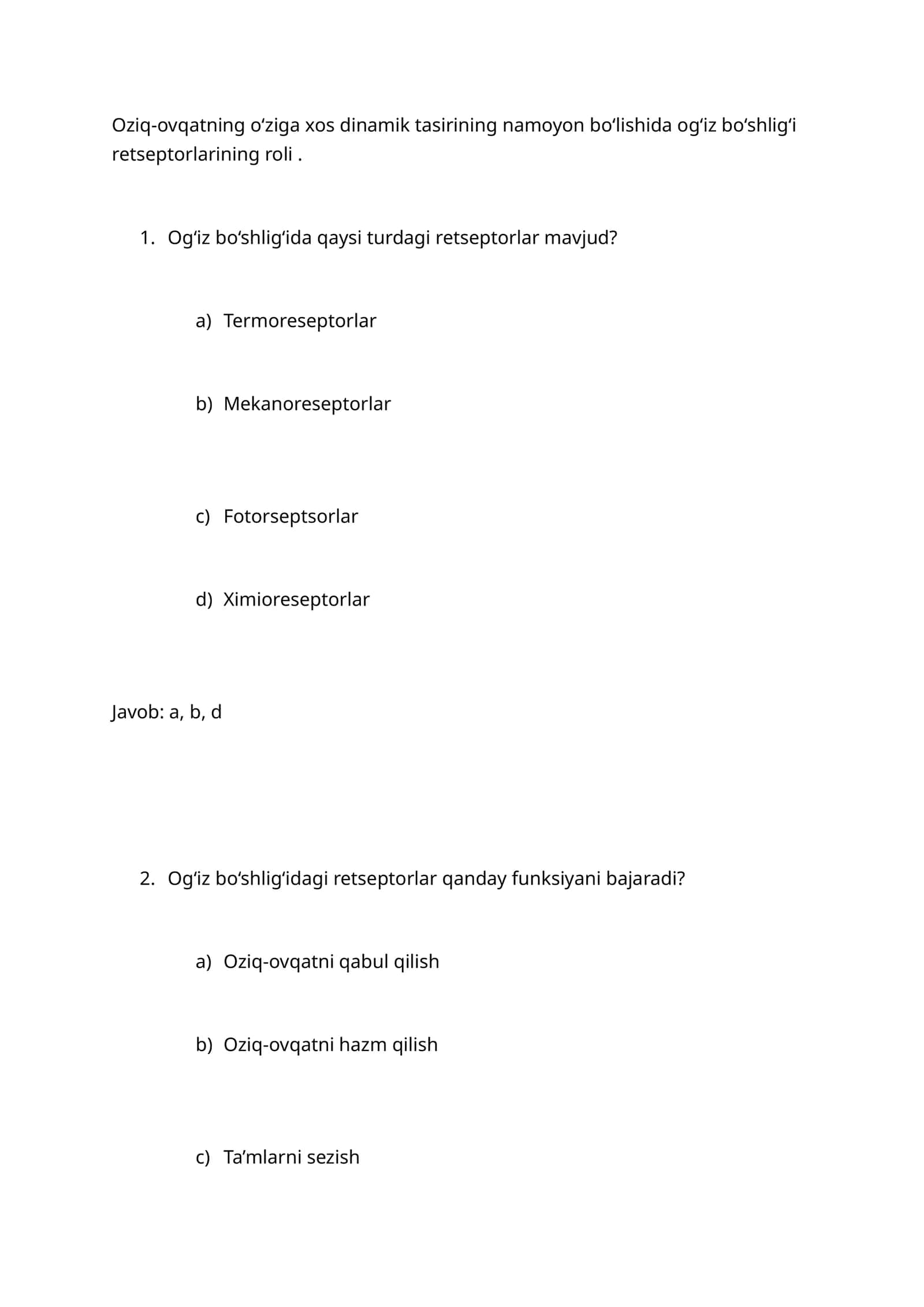 Og‘iz bo‘shlig‘i retseptorlarining roli