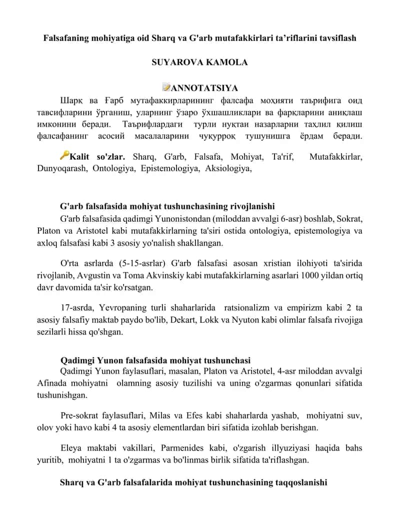 Falsafaning mohiyatiga oid Sharq va G'arb mutafakkirlari taʼriflarini tavsiflash