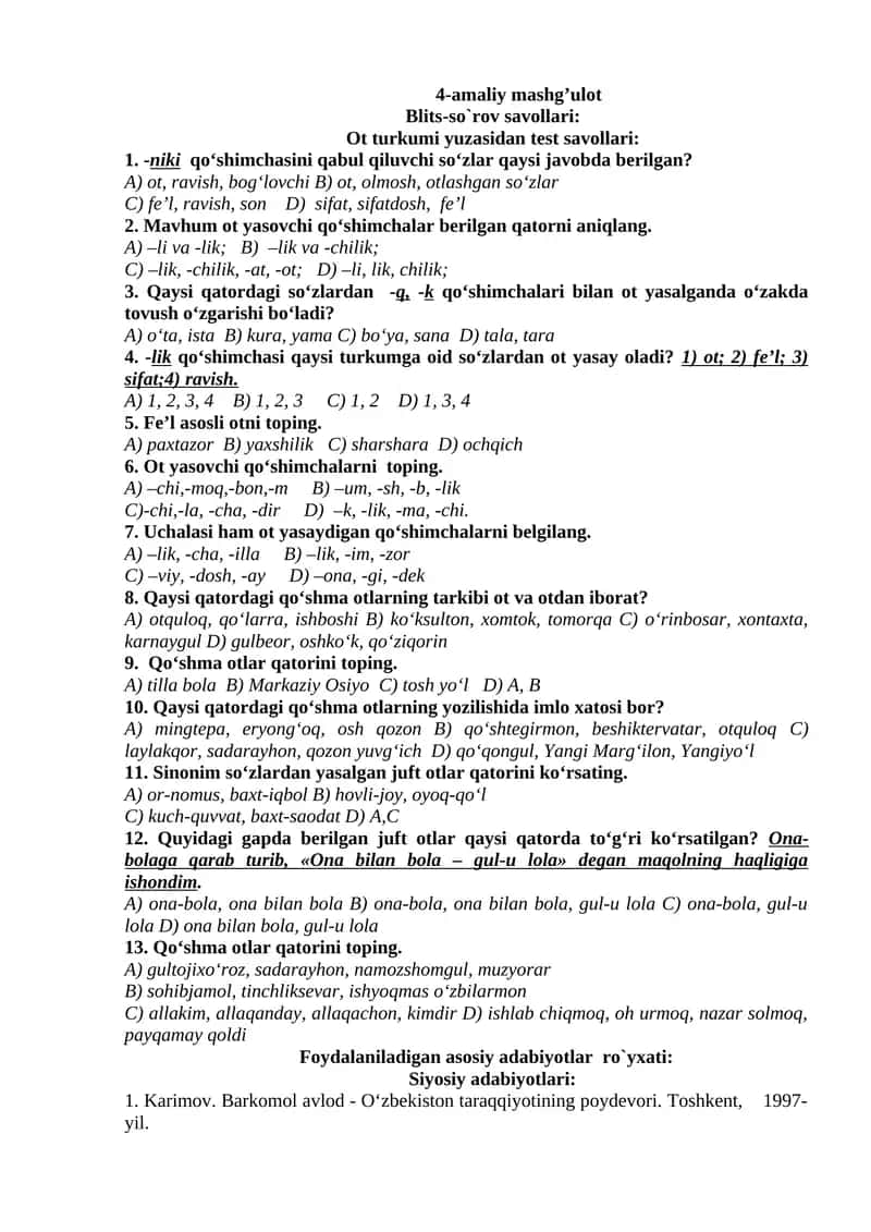Ot turkumi yuzasidan test savollari