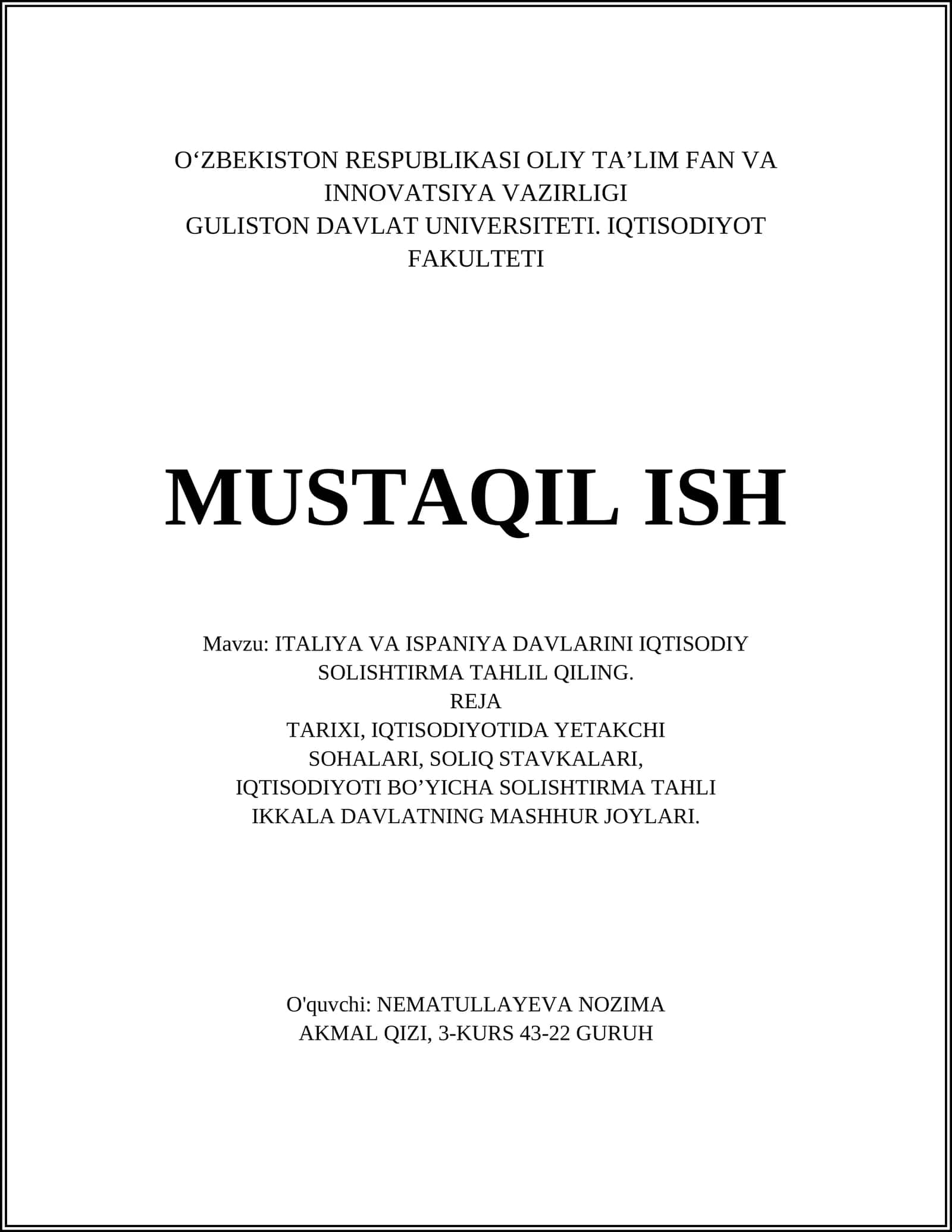 ITALIYA VA ISPANIYA DAVLARINI IQTISODIY SOLISHTIRMA TAHLIL QILING
