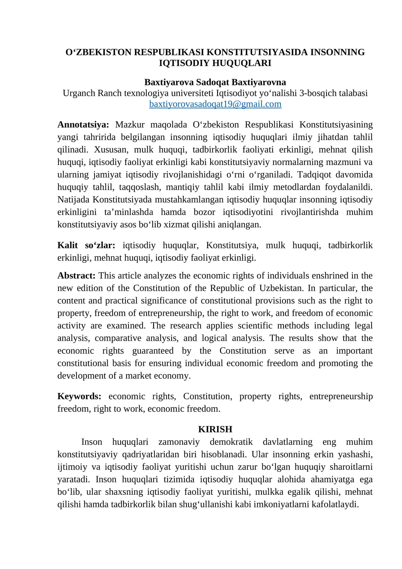 OʻZBEKISTON RESPUBLIKASI KONSTITUTSIYASIDA INSONNING IQTISODIY HUQUQLARI