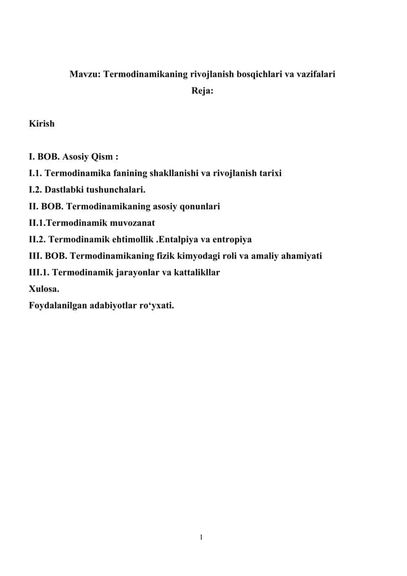Termodinamikaning rivojlanish bosqichlari va vazifalari kurs ishi