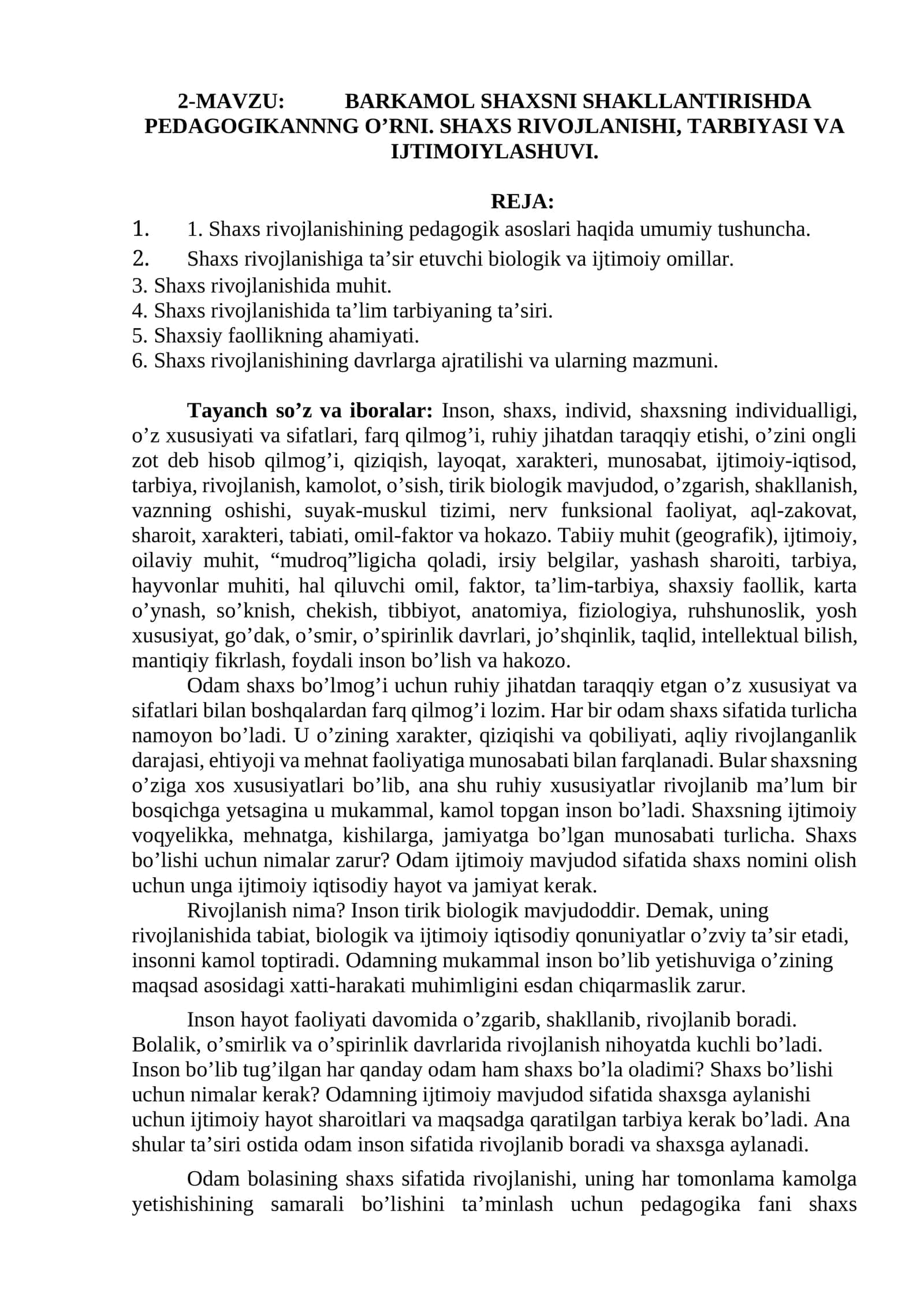 SHAXS RIVOJLANISHI, TARBIYASI VA IJTIMOIYLASHUVI