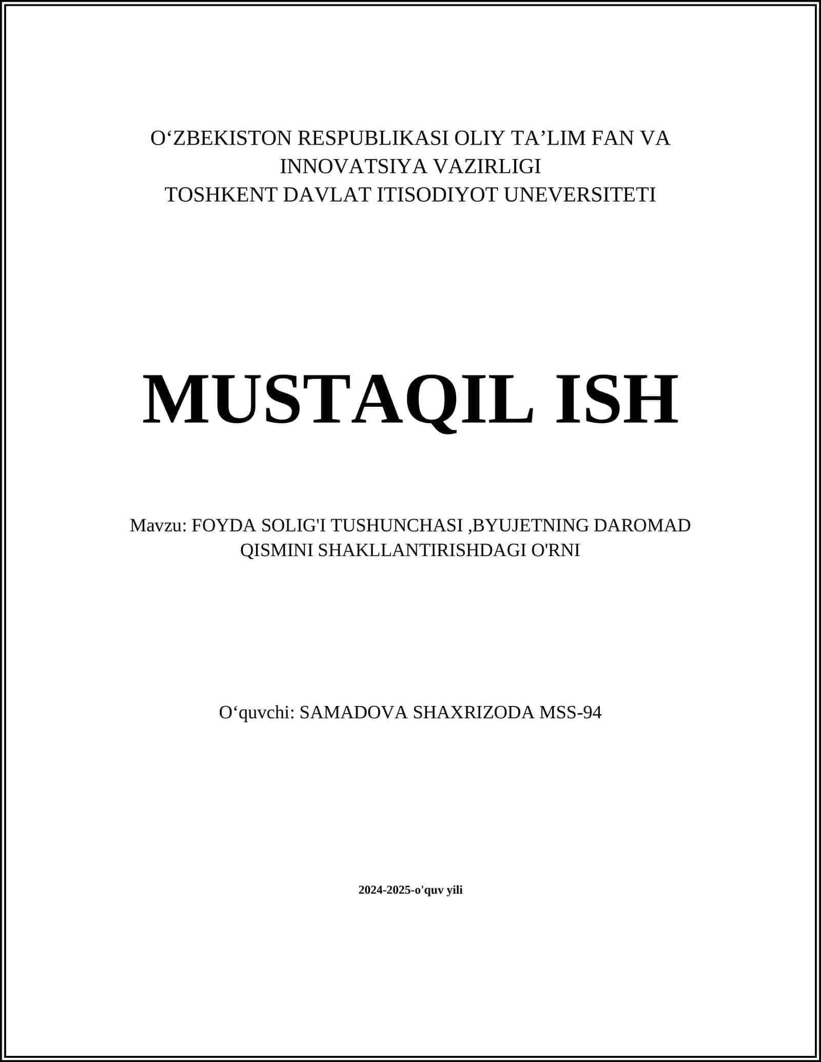 FOYDA SOLIG'I TUSHUNCHASI