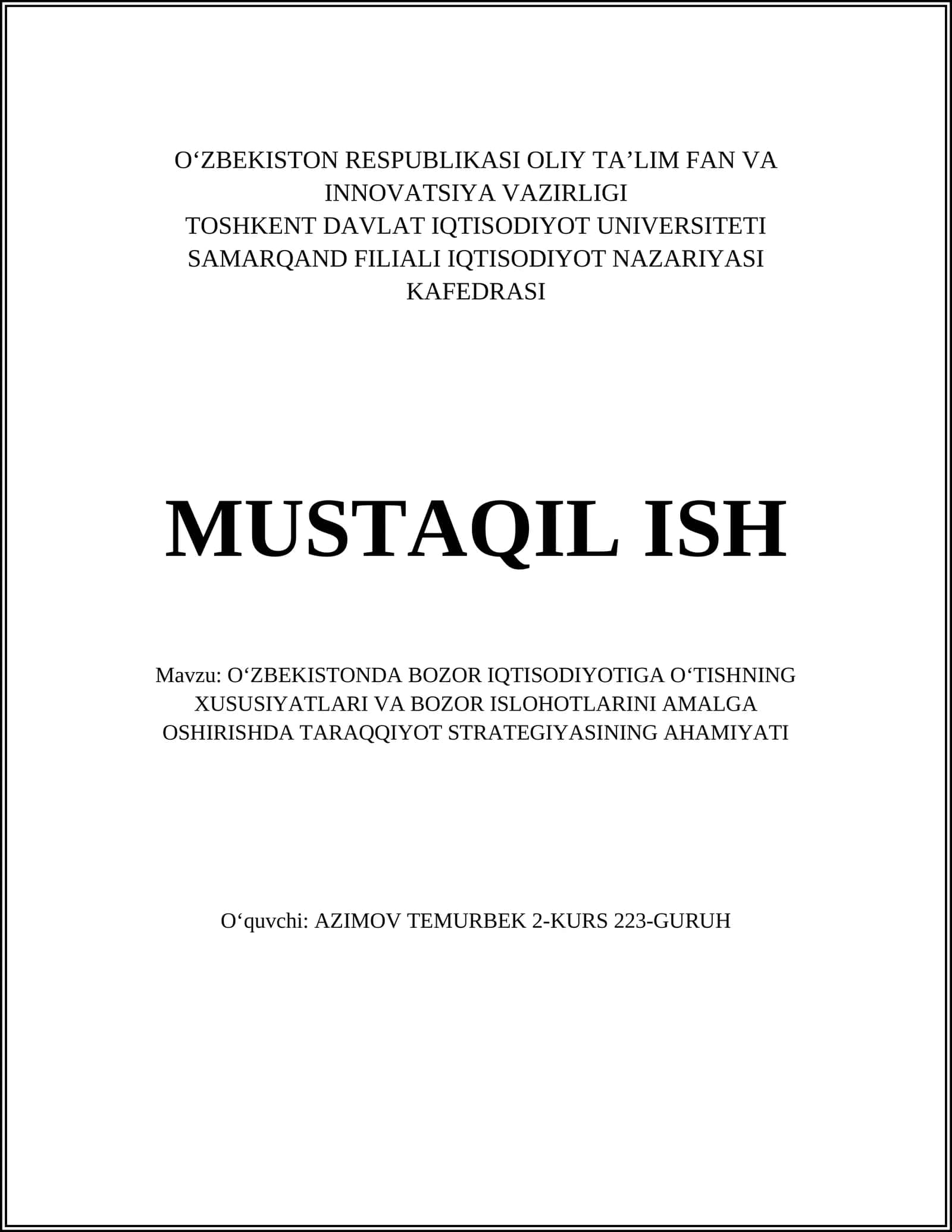 Oʻzbekistonda Bozor Iqtisodiyotiga Oʻtish Tarixi