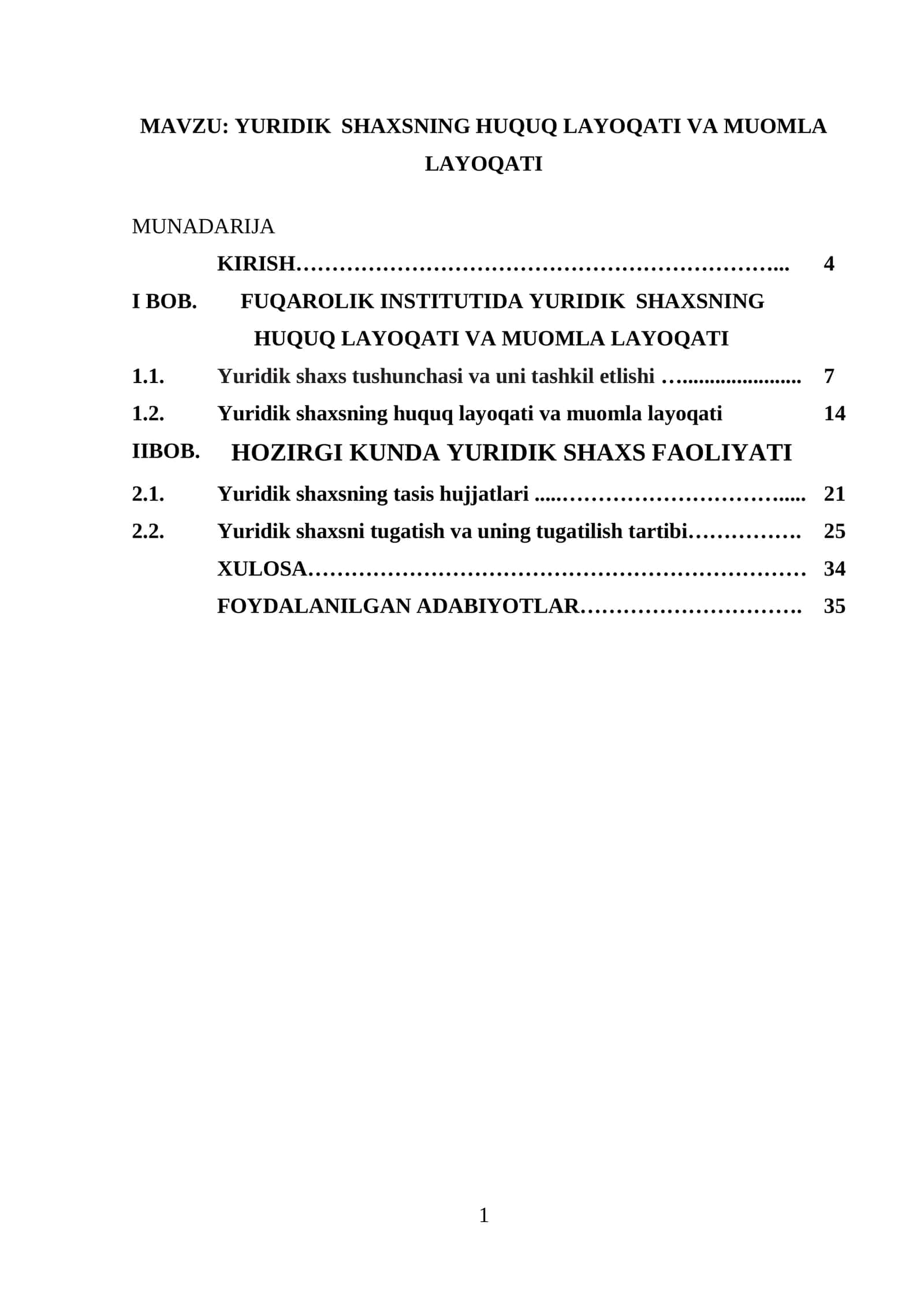 YURIDIK SHAXSNING HUQUQ LAYOQATI VA MUOMLA LAYOQATI