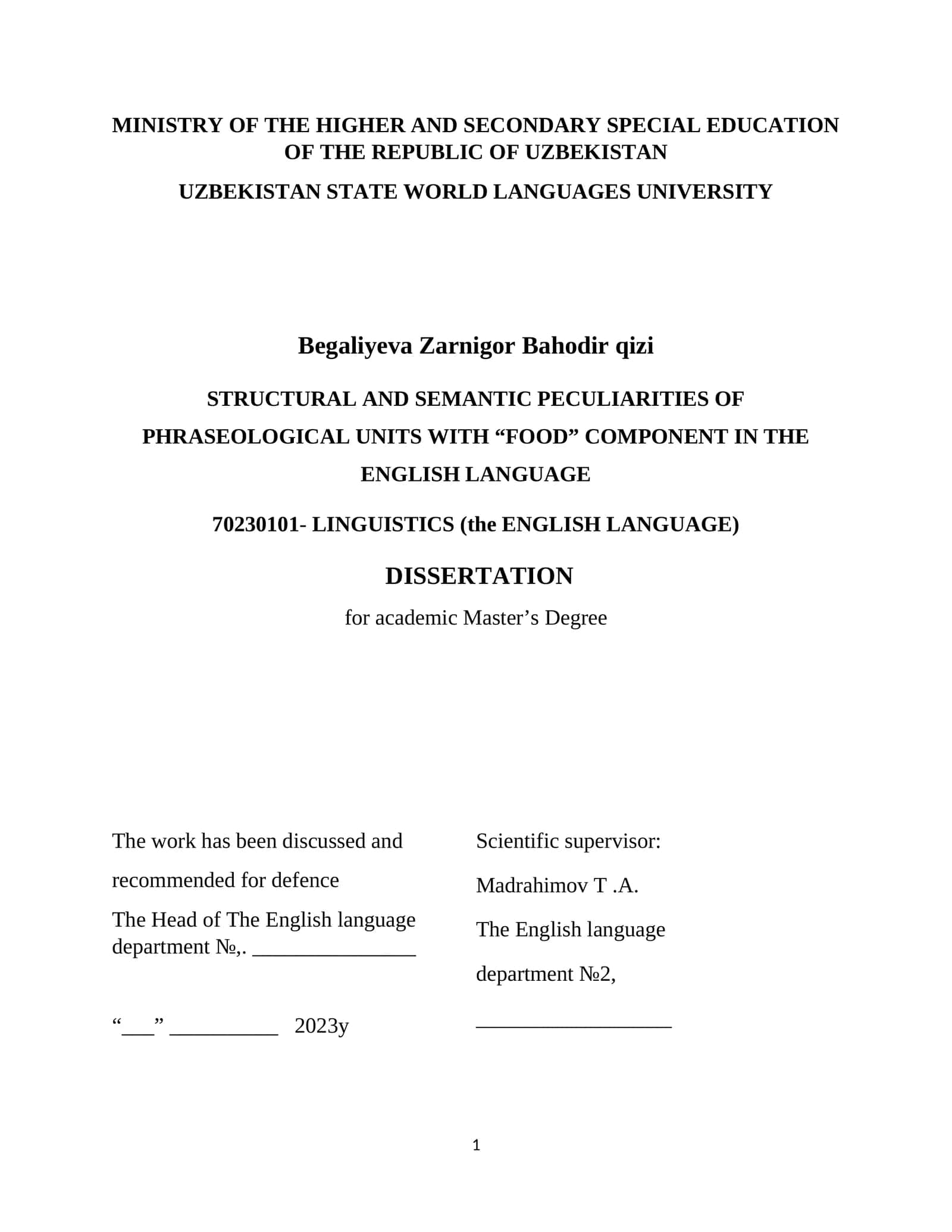STRUCTURAL AND SEMANTIC PECULIARITIES OF PHRASEOLOGICAL UNITS WITH “FOOD” COMPONENT IN THE ENGLISH LANGUAGE