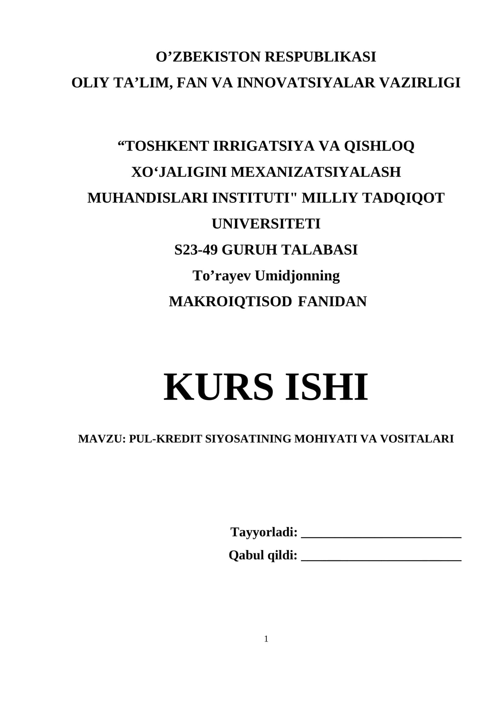 PUL-KREDIT SIYOSATINING MOHIYATI VA VOSITALARI