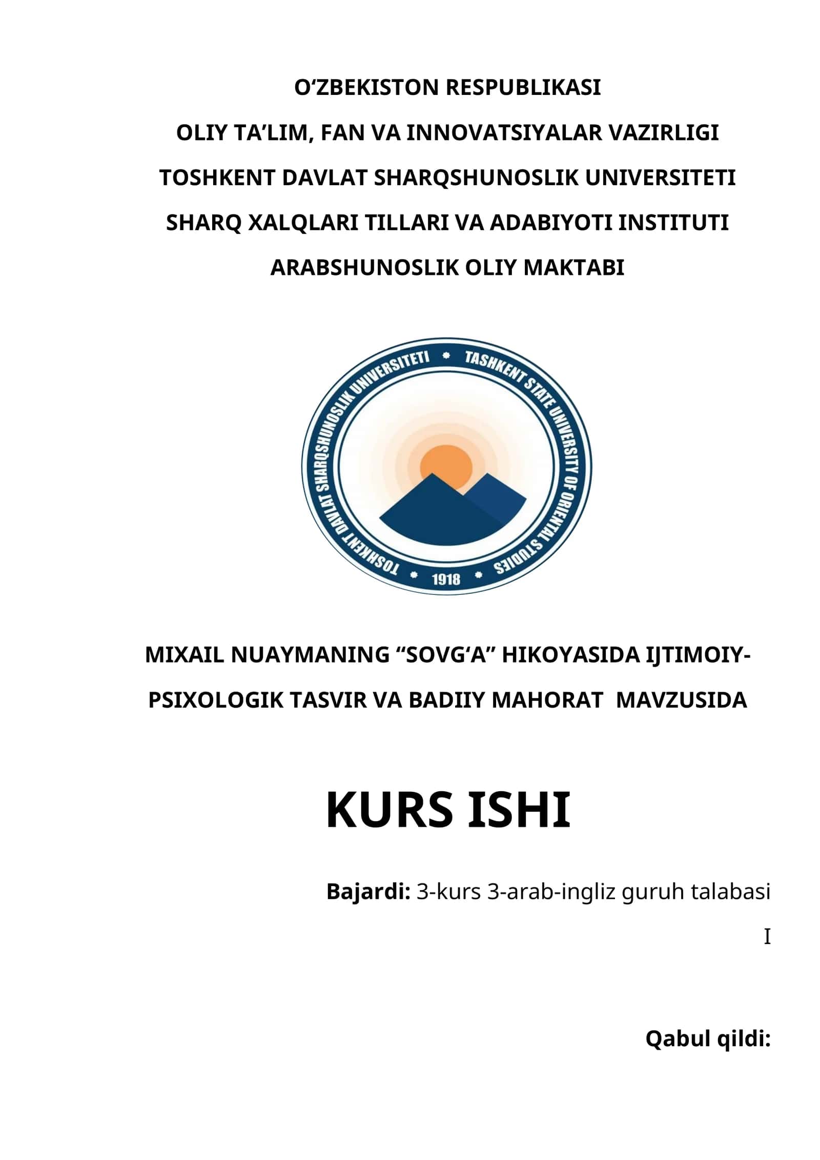 MIXAIL NUAYMANING “SOVG‘A” HIKOYASIDA IJTIMOIY-PSIXOLOGIK TASVIR VA BADIIY MAHORAT MAVZUSIDA
