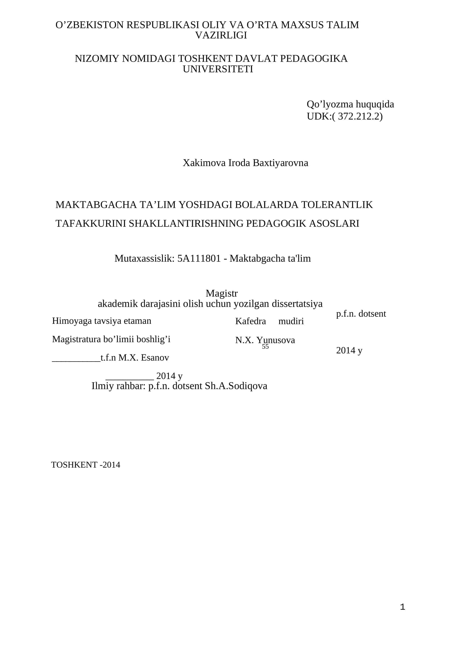 MAKTABGACHA TA’LIM YOSHDAGI BOLALARDA TOLERANTLIK TAFAKKURINI SHAKLLANTIRISHNING PEDAGOGIK ASOSLARI
