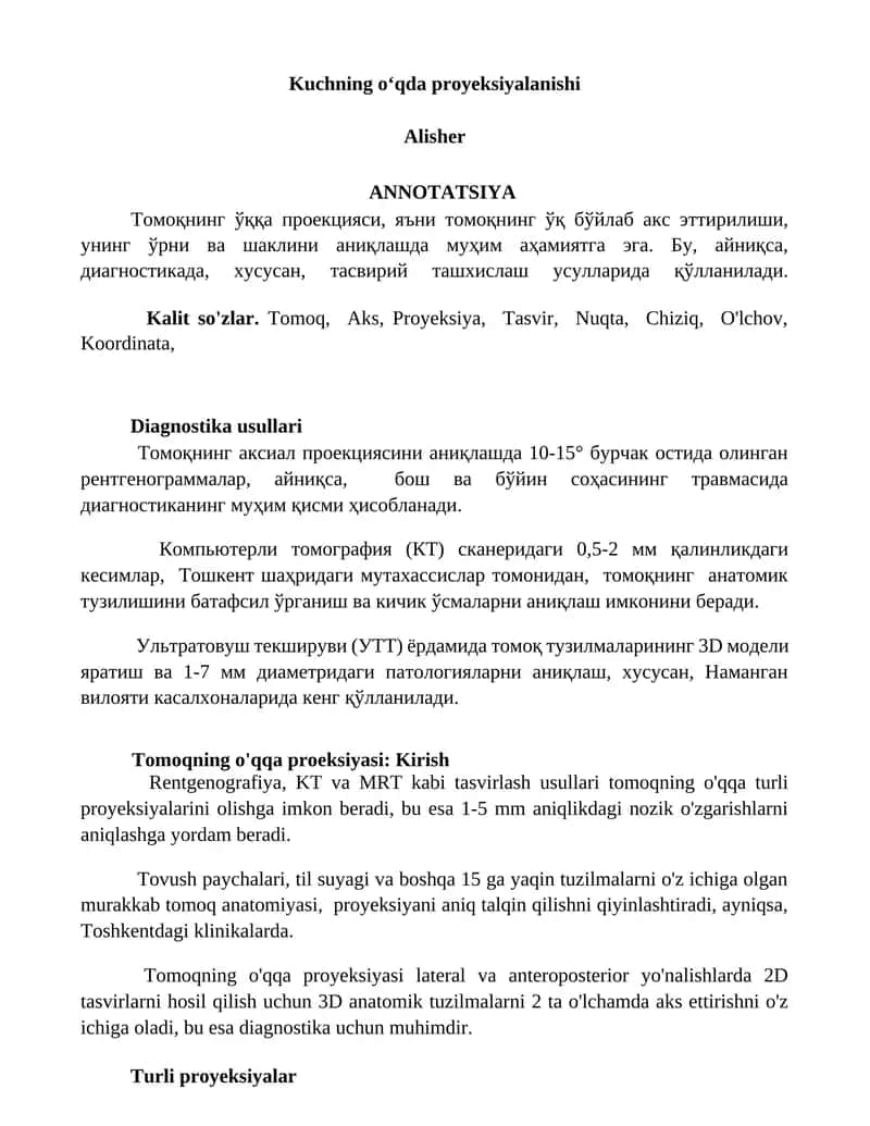 Tomoqning o'qqa proyeksiyasi