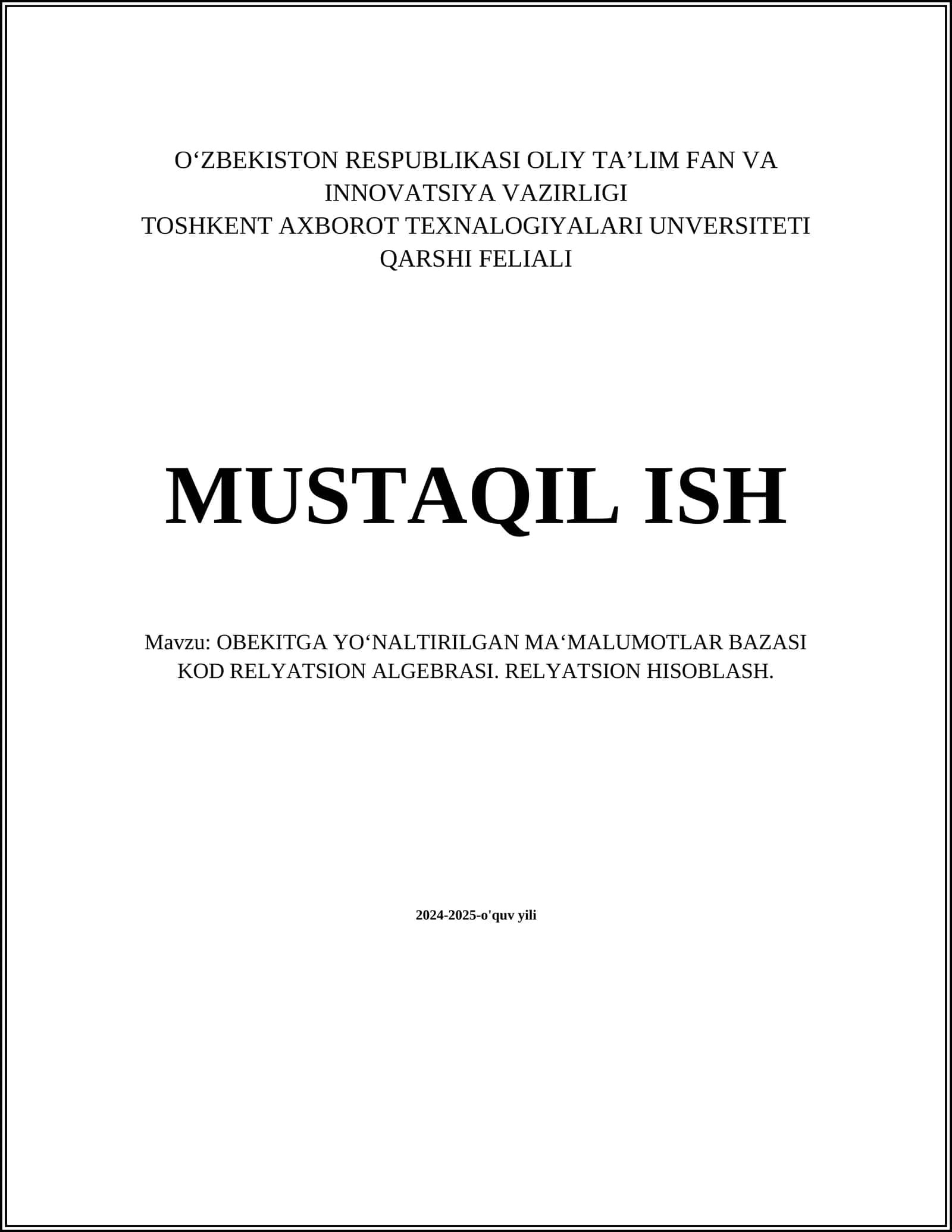OBYEKTGA YO‘NALGIRILGAN MA‘MALUMOTLAR BAZASI