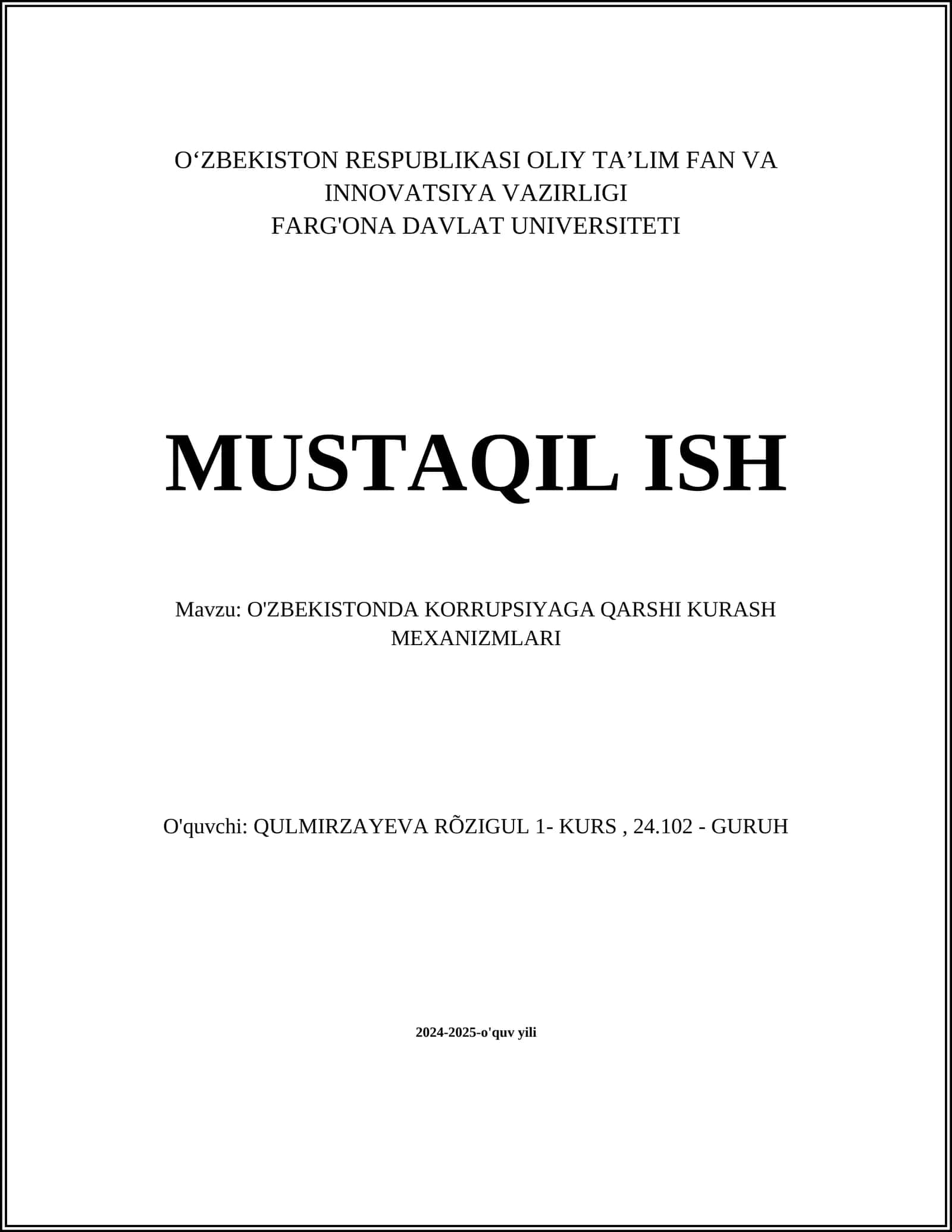 O'ZBEKISTONDA KORRUPSIYAGA QARSHI KURASH MEXANIZMLARI