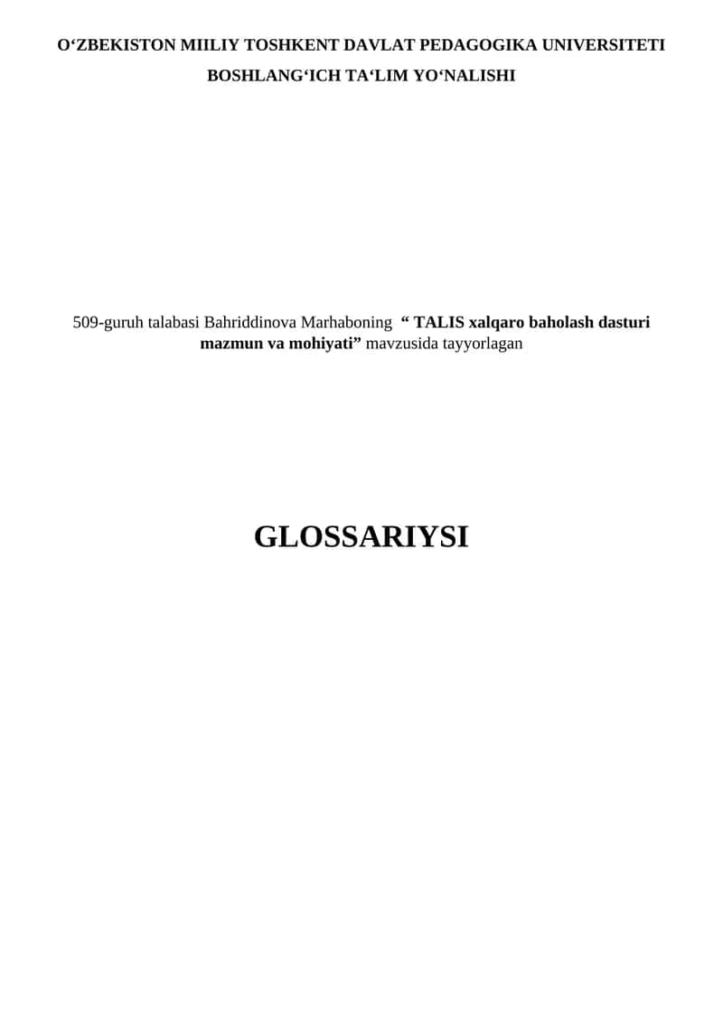 "TALIS xalqaro baholash dasturi mazmun va mohiyati" glossariy