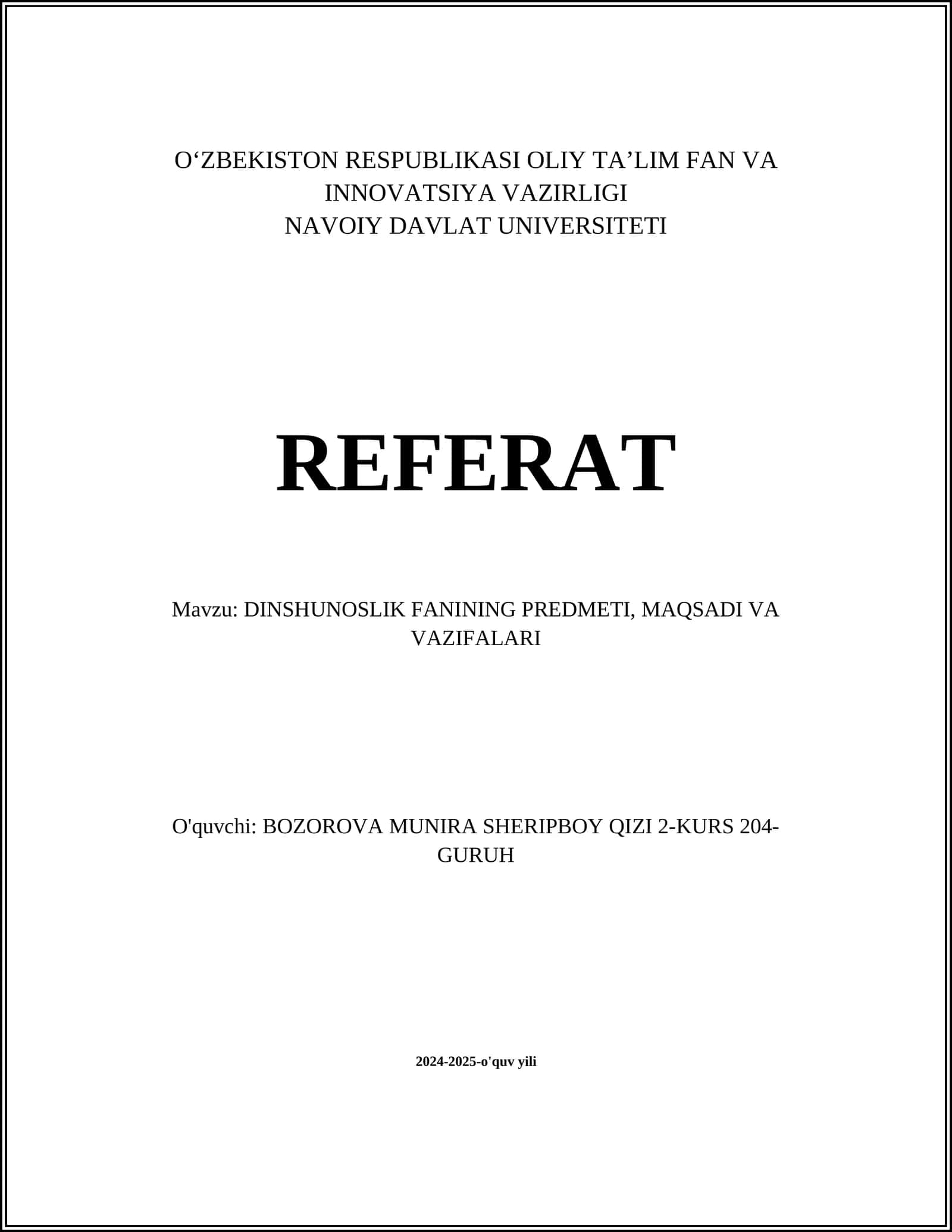 DINSHUNOSLIK FANINING PREDMETI, MAQSADI VA VAZIFALARI