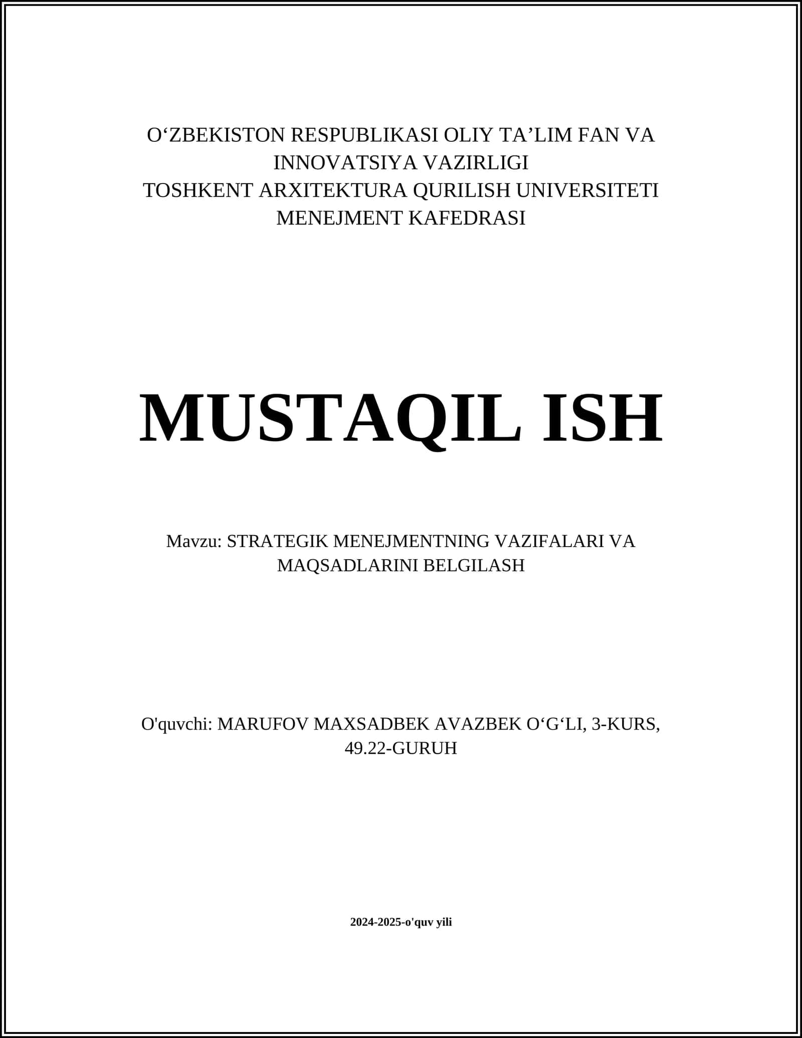 STRATEGIK MENEJMENTNING VAZIFALARI VA MAQSADLARINI BELGILASH