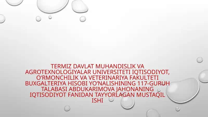 Abdukarimova Jahon iqtisodiyot fanidan mustaqil ish