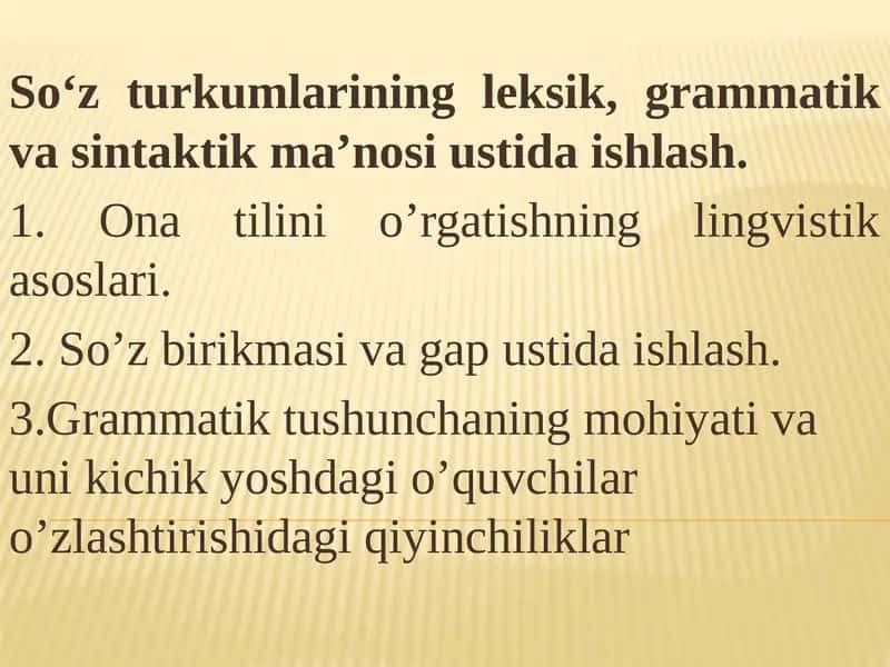 So‘z turkumlarining leksik, grammatik va sintaktik ma’nosi ustida ishlash.