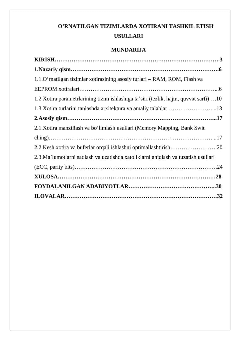 O’RNATILGAN TIZIMLARDA XOTIRANI TASHKIL ETISH USULLARI