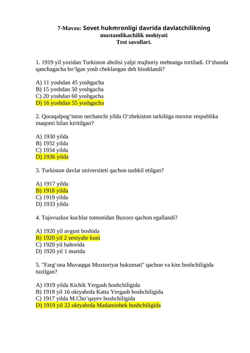 Sovet hukmronligi davrida davlatchilikning mustamlikachilik mohiyati Test savollari