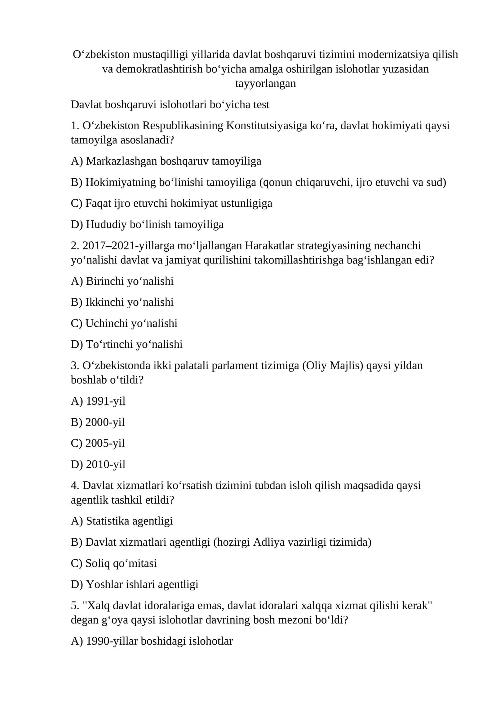 O‘zbekiston mustaqilligi yillarida davlat boshqaruvi tizimini modernizatsiya qilish va demokratlashtirish bo‘yicha amalga oshirilgan islohotlar yuzasidan tayyorlangan