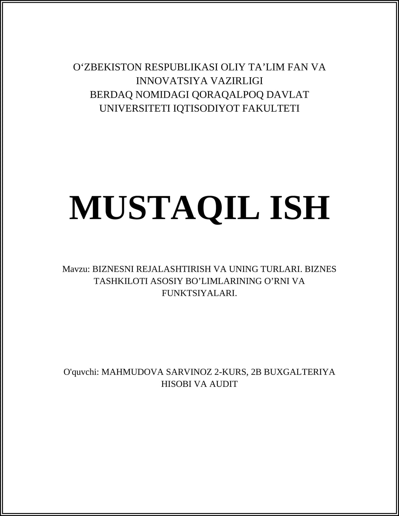 BIZNESNI REJALASHTIRISH VA UNING TURLARI