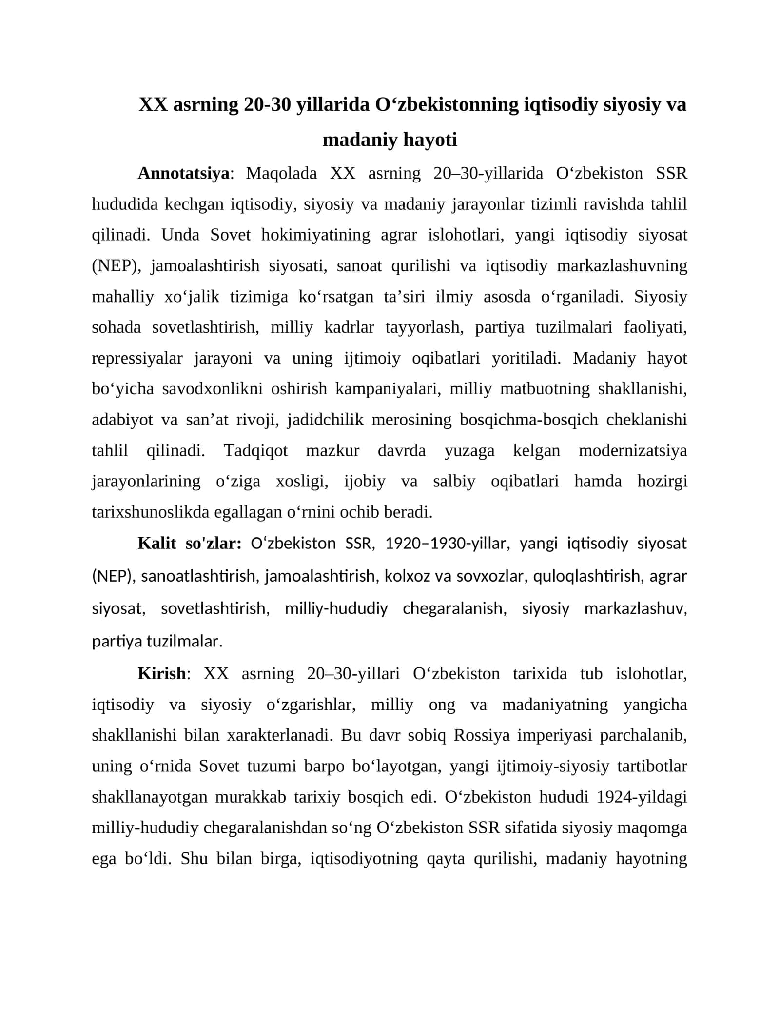 XX asrning 20-30 yillarida Oʻzbekistonning iqtisodiy siyosiy va madaniy hayoti