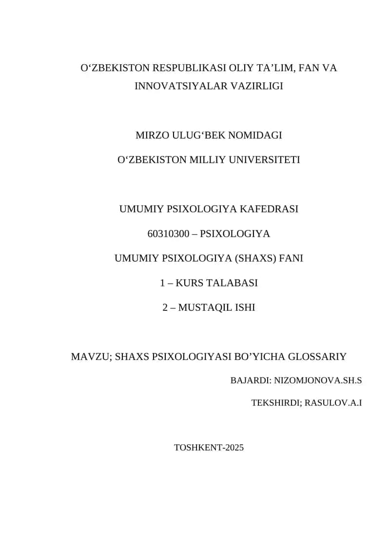 SHAXS PSIXOLOGIYASI BO’YICHA GLOSSARIY