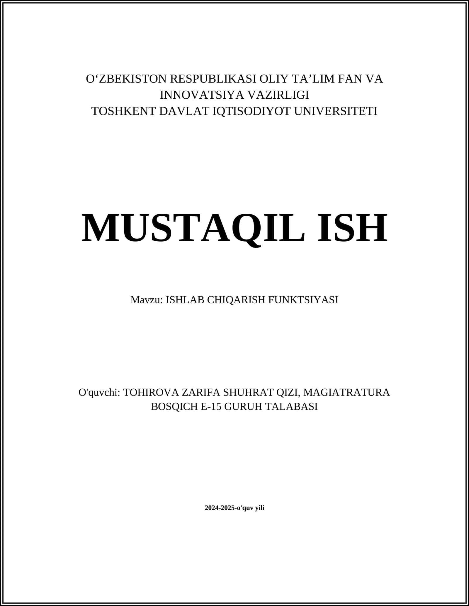 ISHLAB CHIQARISH FUNKTSIYASI