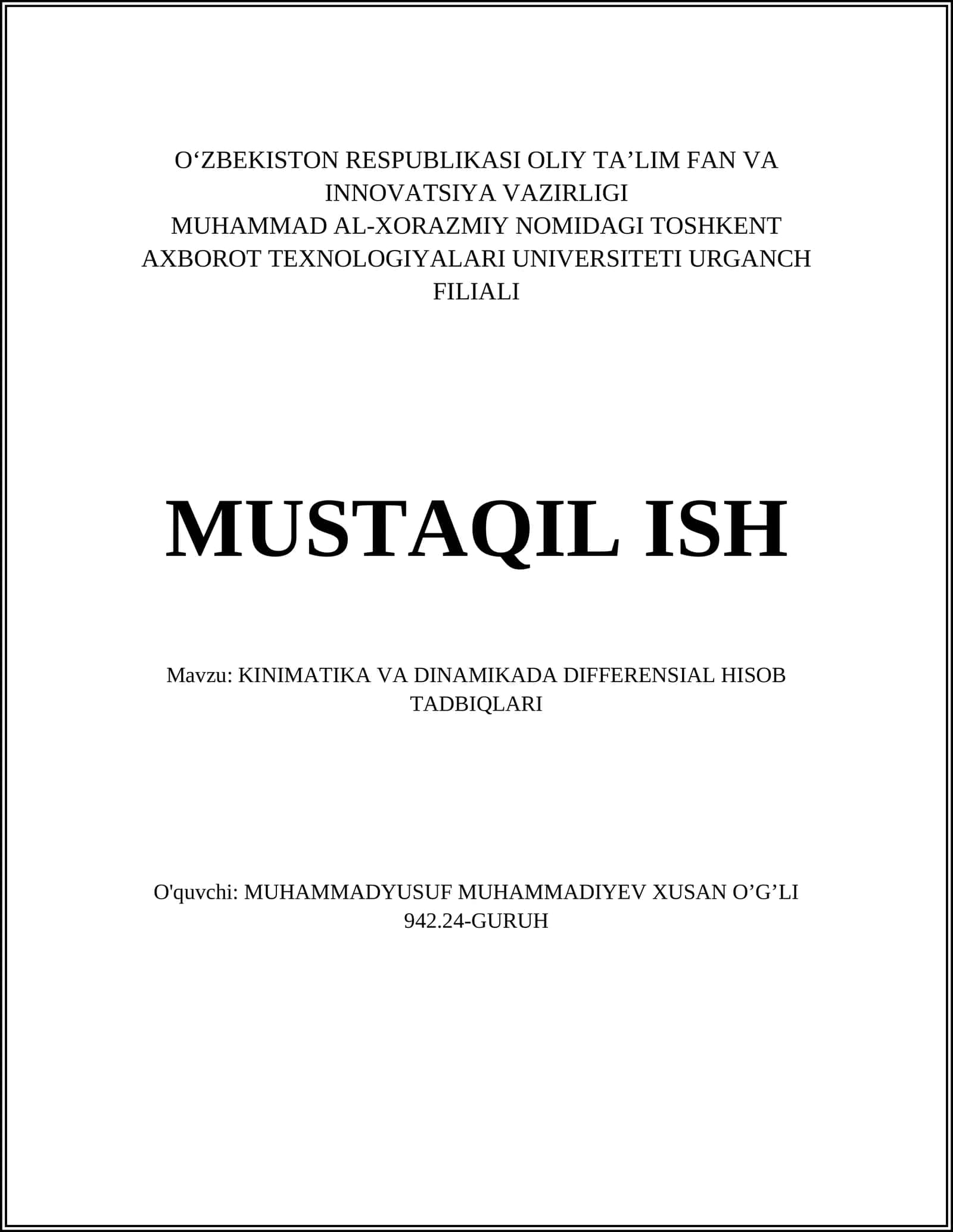 KINIMATIKA VA DINAMIKADA DIFFERENSIAL HISOB TADBIQLARI