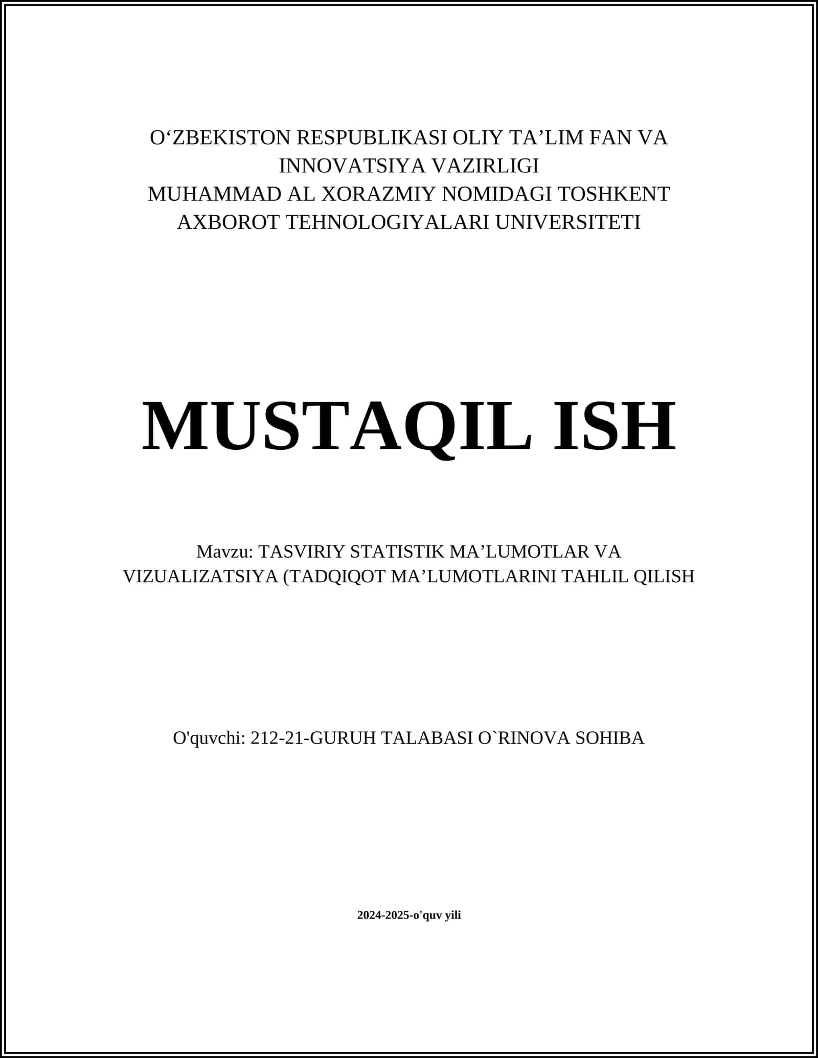 TASVIRIY STATISTIK MA’LUMOTLAR VA VIZUALIZATSIYA (TADQIQOT MA’LUMOTLARINI TAHLIL QILISH)
