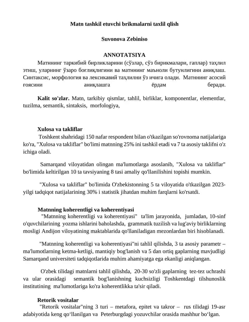 Matn tashkil etuvchi brikmalarni taxlil qlish
