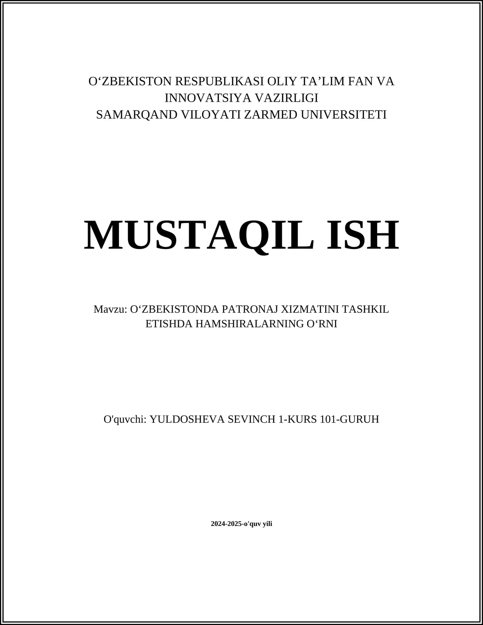 OʻZBEKISTONDA PATRONAJ XIZMATINI TASHKIL ETISHDA HAMSHIRALARNING OʻRNI