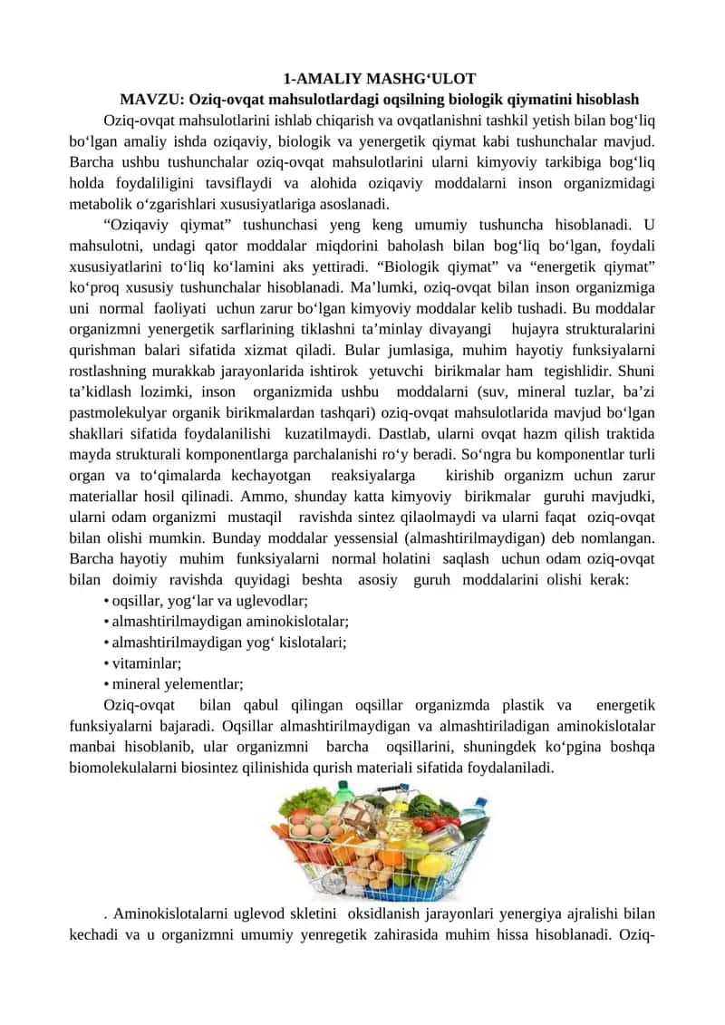 Oziq-ovqat mahsulotlardagi oqsilning biologik qiymatini hisoblash