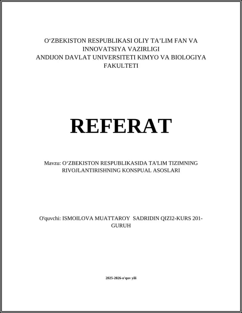 O'ZBEKISTON RESPUBLIKASIDA TA'LIM TIZIMNING RIVOJLANTIRISHNING KONSPUAL ASOSLARI