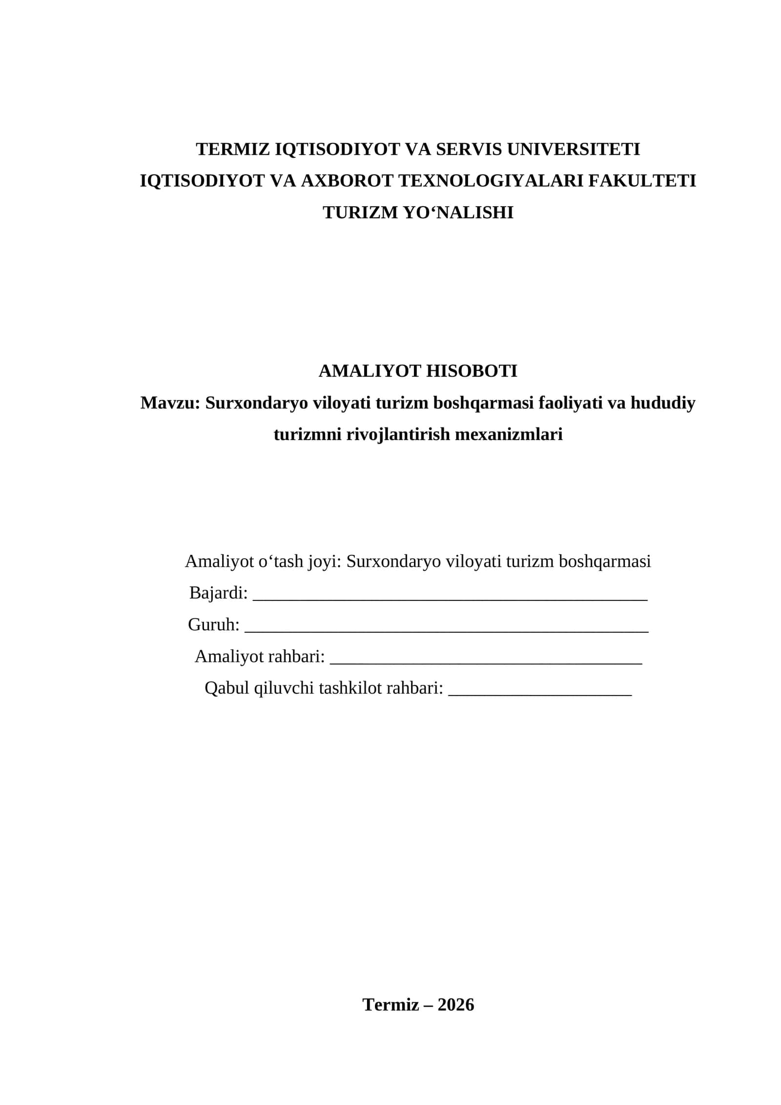 Surxondaryo viloyati turizm boshqarmasi faoliyati va hududiy turizmni rivojlantirish mexanizmlari