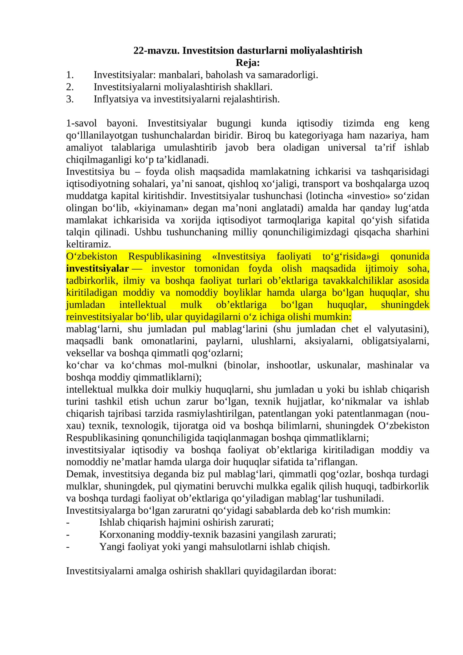 Investitsion dasturlarni moliyalashtirish