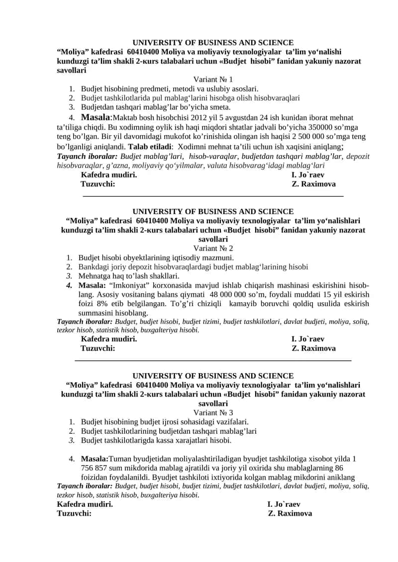 Budjet hisobi (Variant № 1)